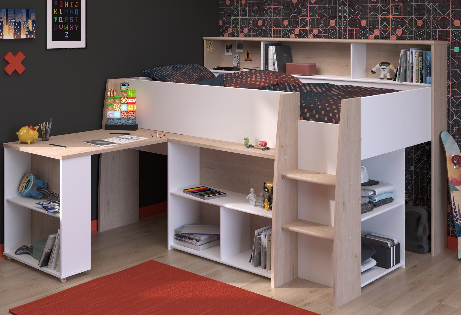 Parisot Hochbett Lukas (Stauraumbett in weiß und Eiche, 90 x 200) mit Schre günstig online kaufen