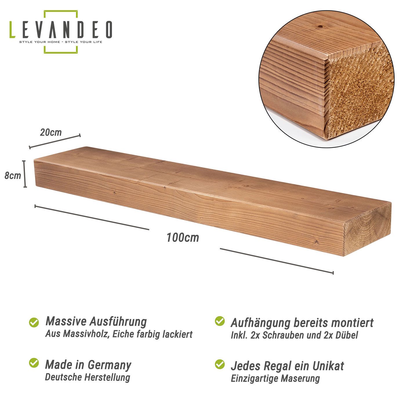 Levandeo® Wandregal, levandeo Wandregal Holz Massiv 100x20cm Eiche Farbig Wandboard Regal