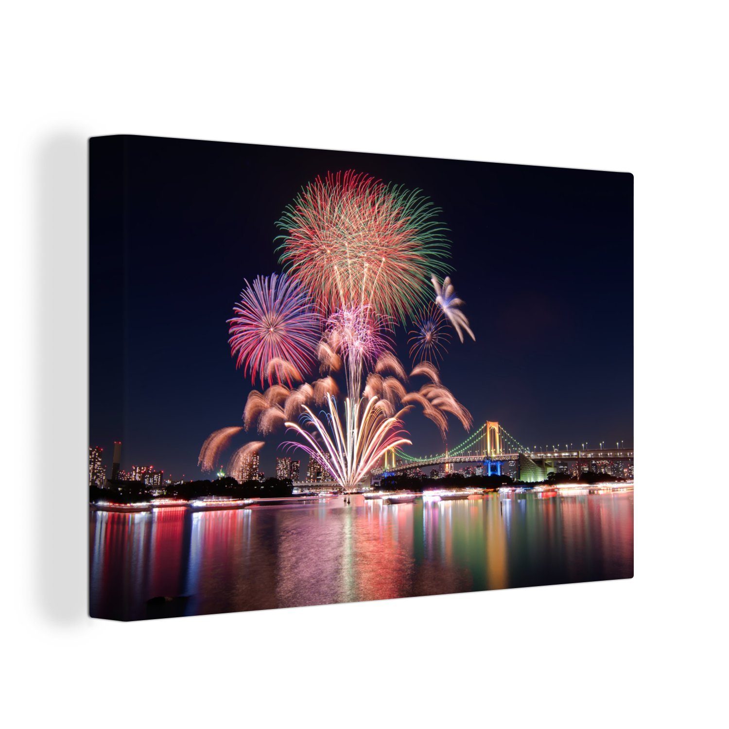 OneMillionCanvasses® Leinwandbild Feuerwerk spiegelt sich in der Silvesternacht im Wasser, (1 St), Wandbild Leinwandbilder, Aufhängefertig, Wanddeko, 30x20 cm