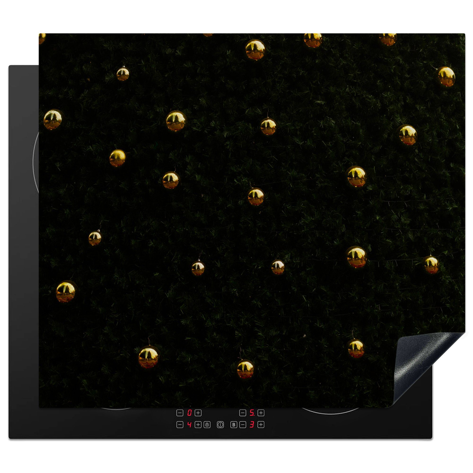 MuchoWow Herdblende-/Abdeckplatte Weihnachtsbaum Vinyl, Arbeitsfläche Christbaumkugeln Ceranfeldabdeckung 60x52 - Schwarz tlg), nutzbar, Gold (1 - Kiefer, - Mobile cm, 