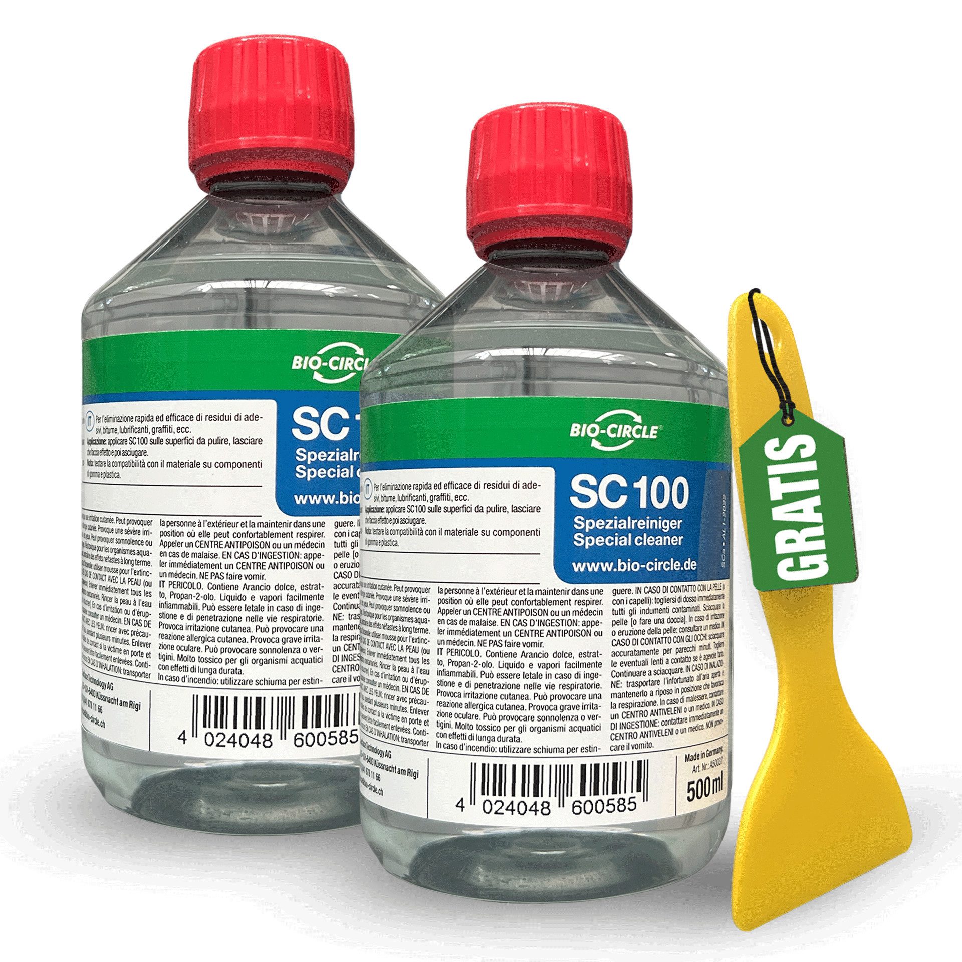 bio-chem SC 100 2x 0.5 l + Handschaber gelb Flüssigreiniger