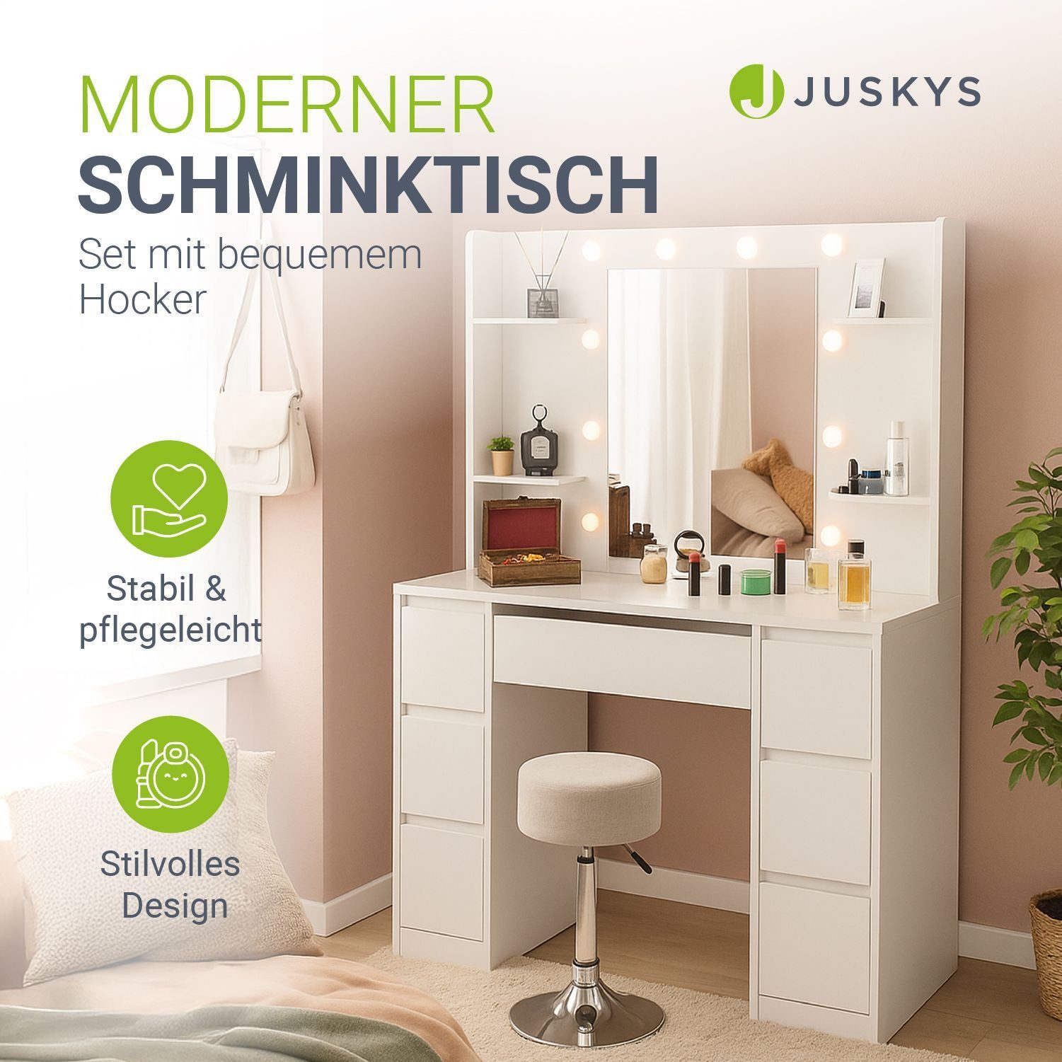 Juskys Schminktisch Malia, LED-Beleuchtung, 3 Helligkeitsstufen, günstig online kaufen