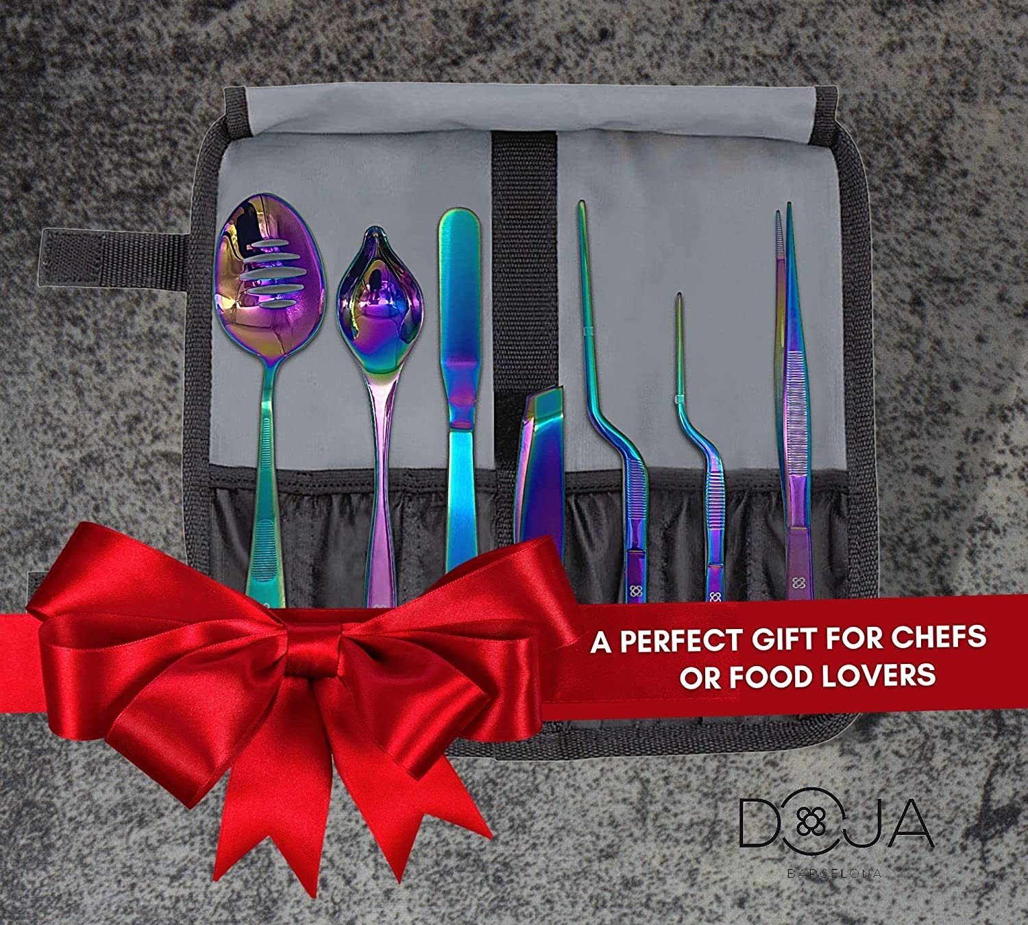 UE Stock Kochbesteck-Set Barcelona Küchen Chef Kochutensilien 7-teilig (Edelstahl Plating Kit Kuechen-Werkzeug Koch Set - Deko Garnieren Gadgets - PERFORIERTLÖFFEL - DEKOLÖFFEL - SPREIZSPACHTEL - FISCHKNOCHENENTFERNER-ZANGE - PRÄZISE PINZETTEN, 7-tlg)