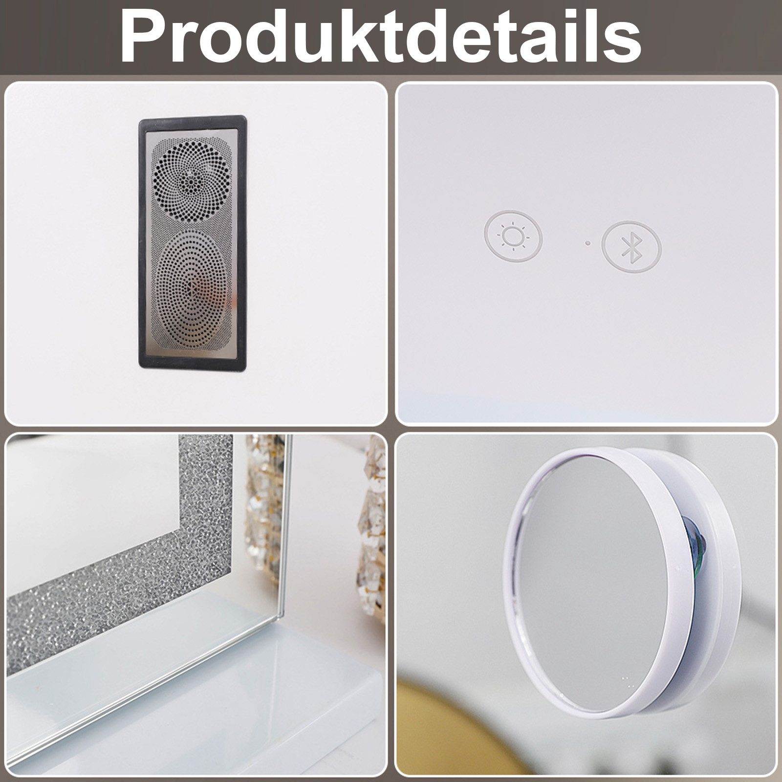 FENCHILIN Schminkspiegel mit LED Lichtleiste gestreute Diamanten weiß 80/58 cm – Bild 4 von 5