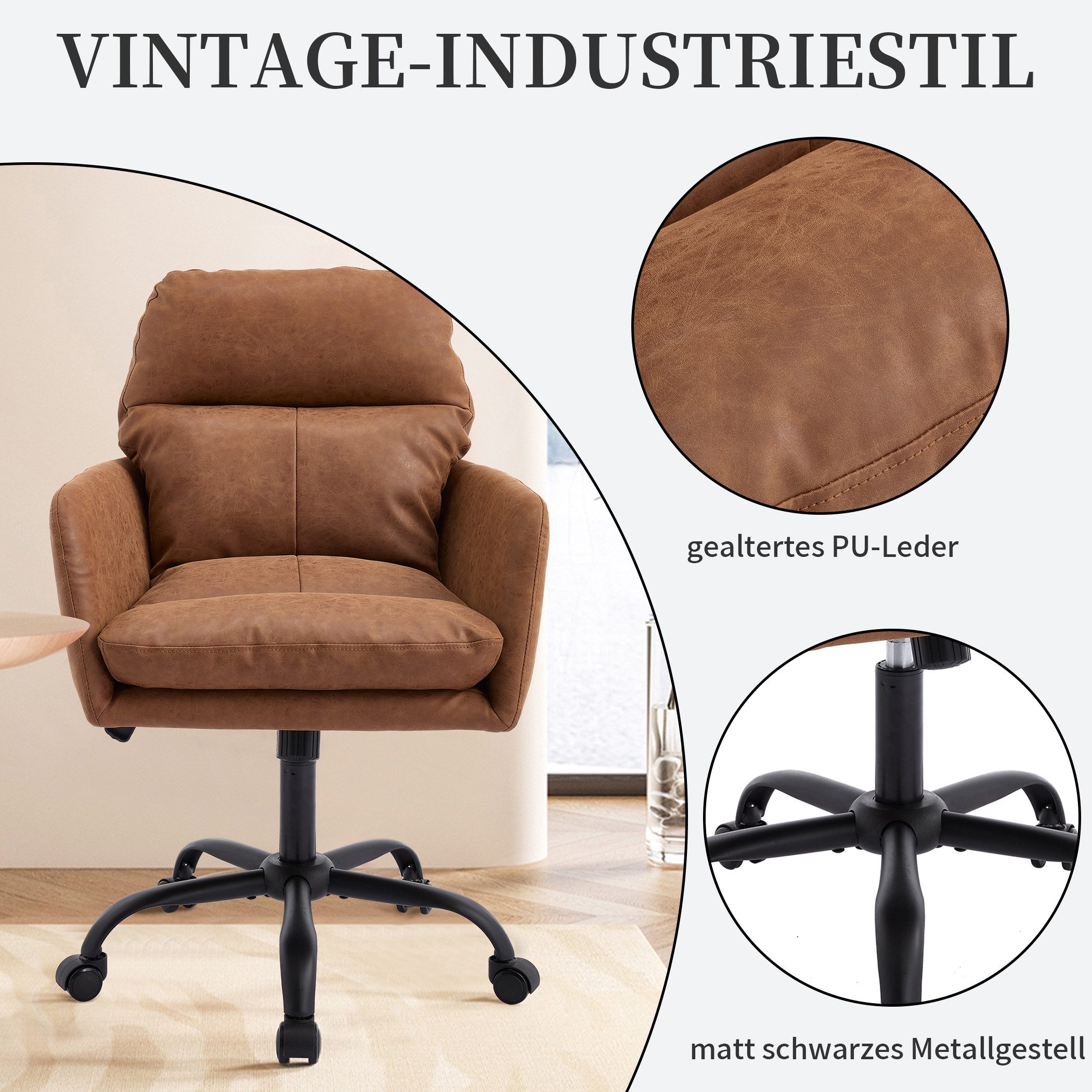 SeedWave Bürostuhl im Vintage Used-Look Höhenverstellbarer Drehstuhl mit PU-Lederbezug, 49cm Sitzbreite, Retro Schreibtischstuhl für Büro und Homeoffice