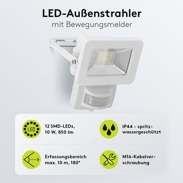 Goobay LED Flutlichtstrahler LED Außenstrahler mit Bewegungsmelder 10 W Scheinwerfer, LED fest integriert, 4000 K / 850 lm / M16-Kabelverschraubung / Weiß