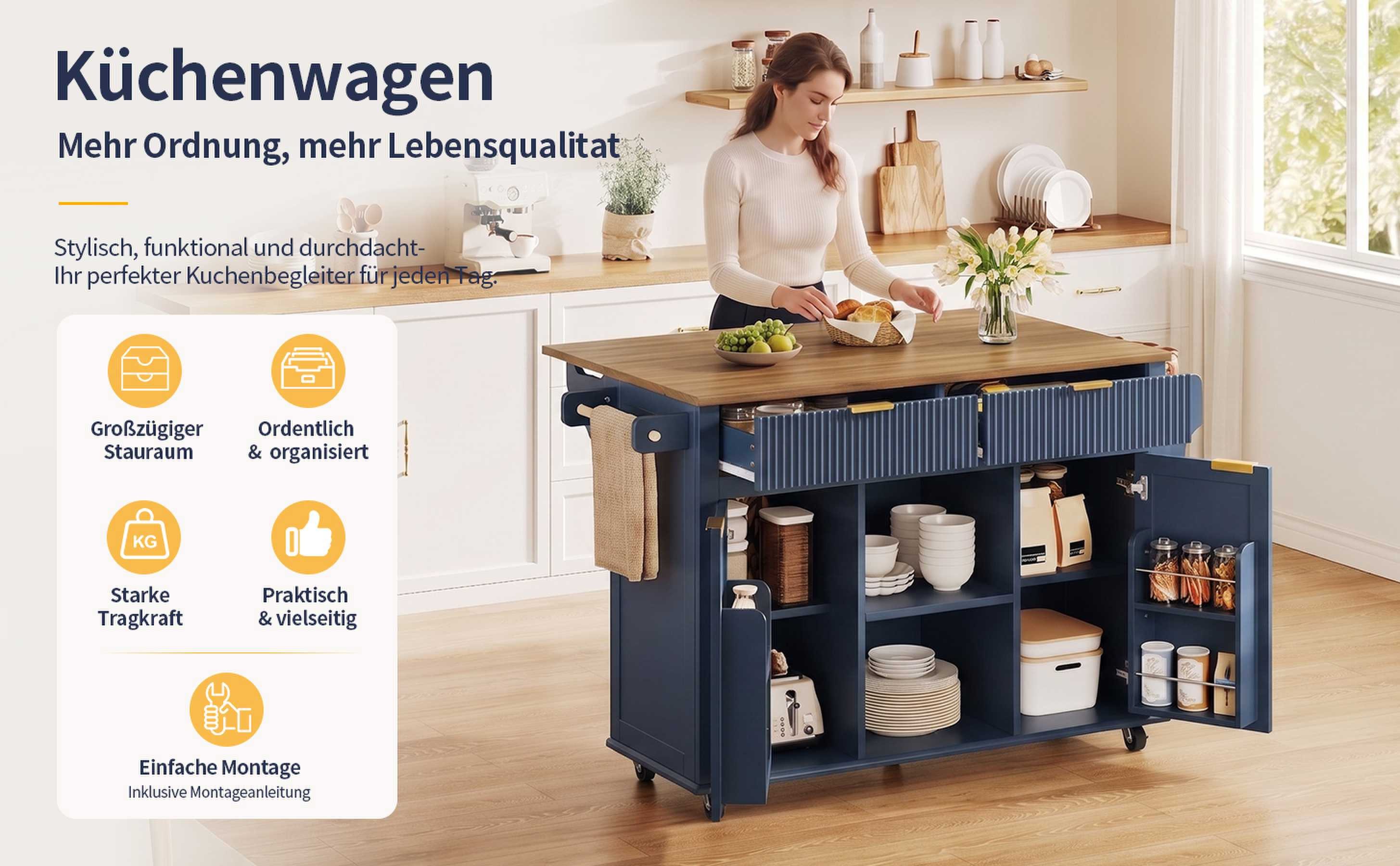 BlingBin Kücheninsel mit klappbarer Arbeitsplatte,Küchenwagen mit 2 Schubladen, 2 Türen, (2 Packung), Rollbarer Küchenschrank mit Stauraum,Gewürzregalen und Handtuchhaltern