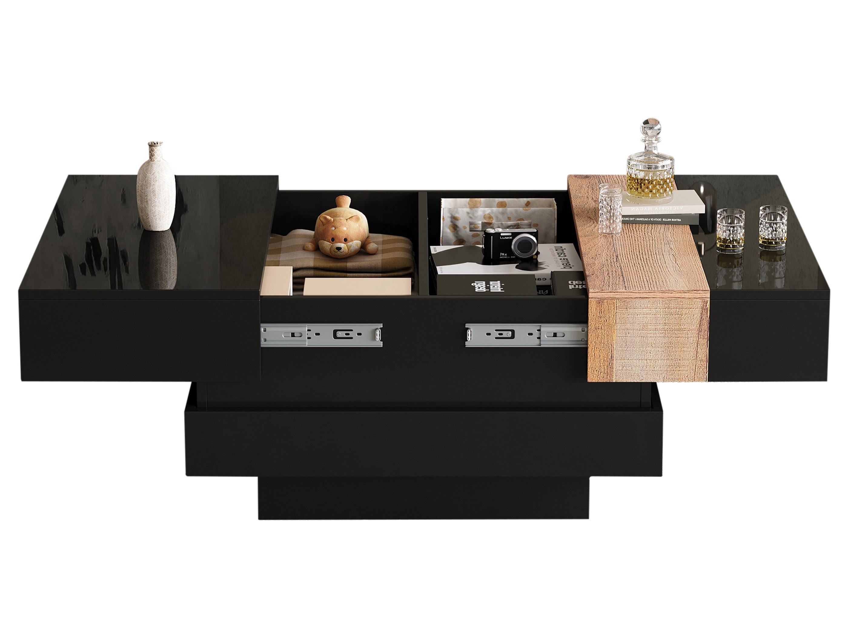 SeedWave Couchtisch Dreistöckiger Sofatisch mit Ausziehbarer Tischplatte, 2 Staufächern, Gleitschiene beiderseits, die Arbeitsplatte in Hochglanz & Holzoptik