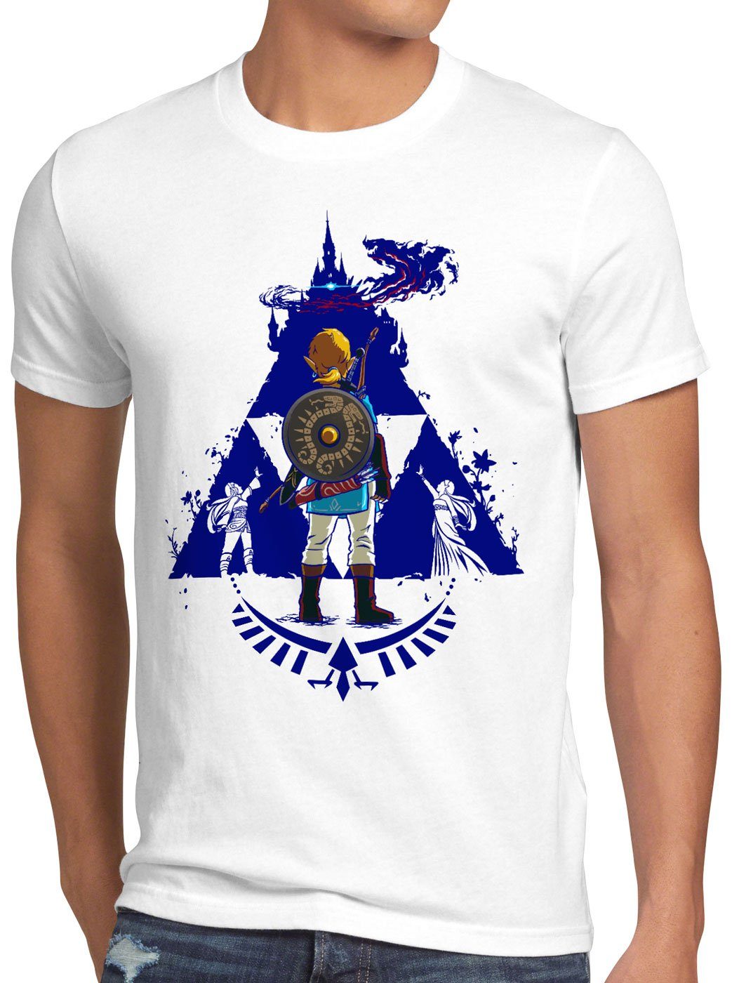 Herren gamer style3 T-Shirt Link Print-Shirt Blue hyrule weiß Breath