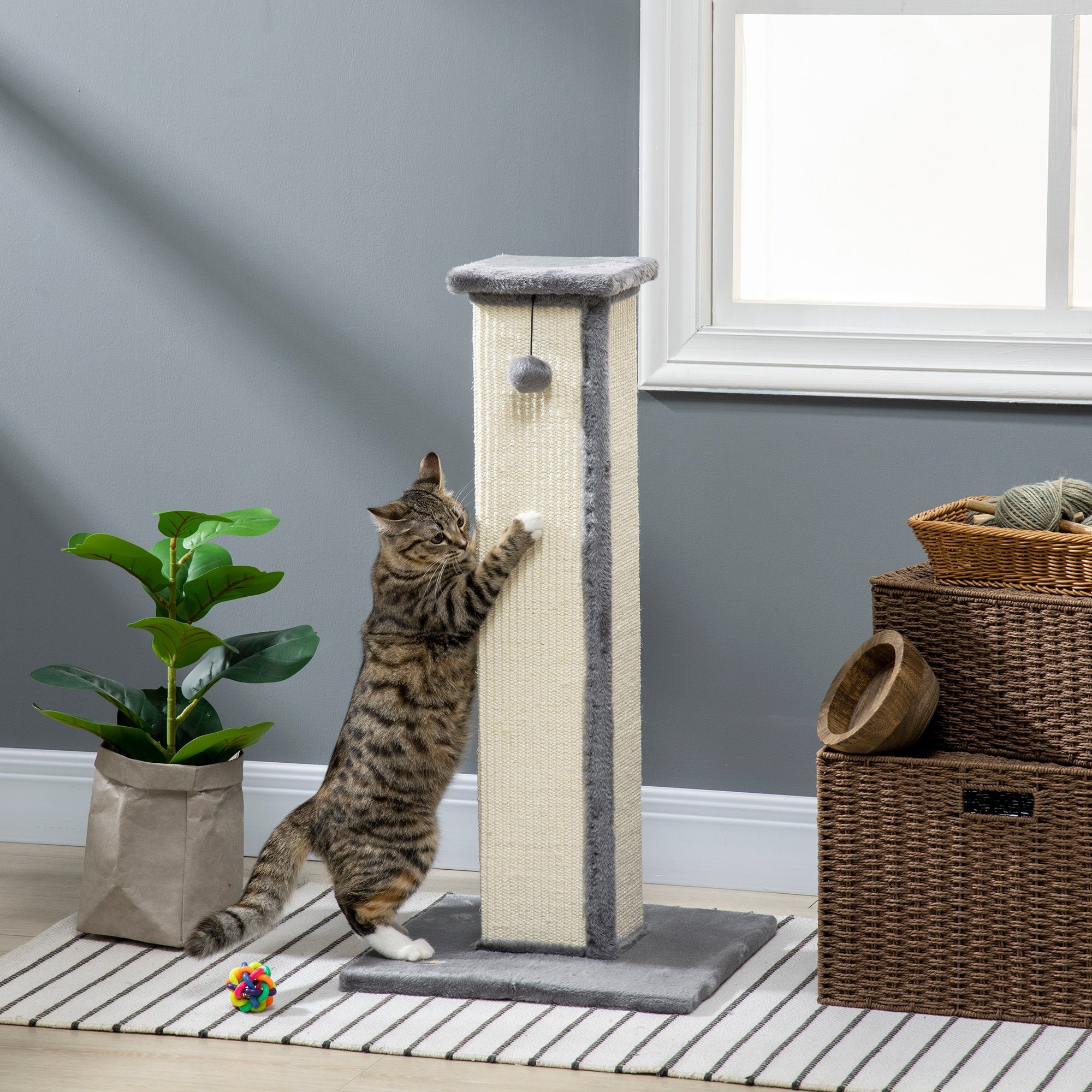 PawHut Kratzbaum Kratzstamm, 81cm Kratzsäule, Sisal-Katzenkratzbaum mit Spielball, Kratzmöbel für Katzen, Indoor, Grau, Creme