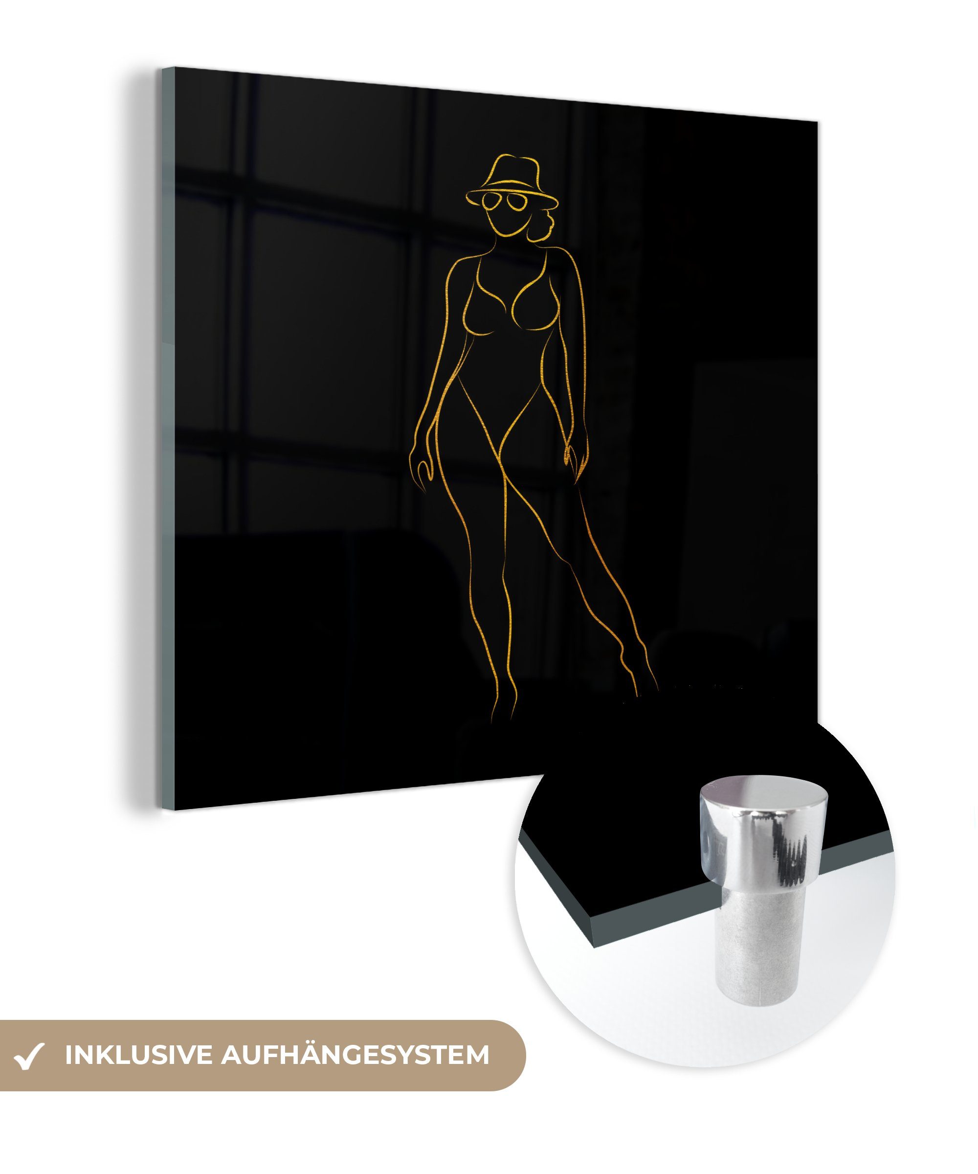 MuchoWow Acrylglasbild Sonnenbrille - Schwarz - Gold - Linienkunst, (1 St), Glasbilder - Bilder auf Glas Wandbild - Foto auf Glas - Wanddekoration