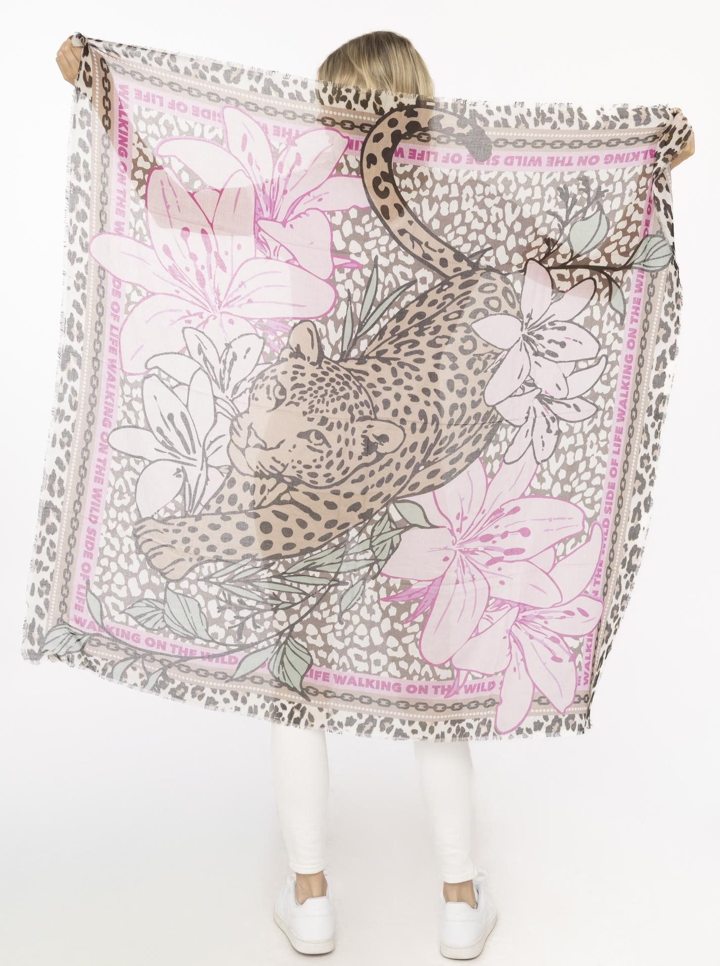 Zwillingsherz Modetuch "Wild Side of Life", Mustermix: Leopard und Blüten, Fransenabschlüsse rundum