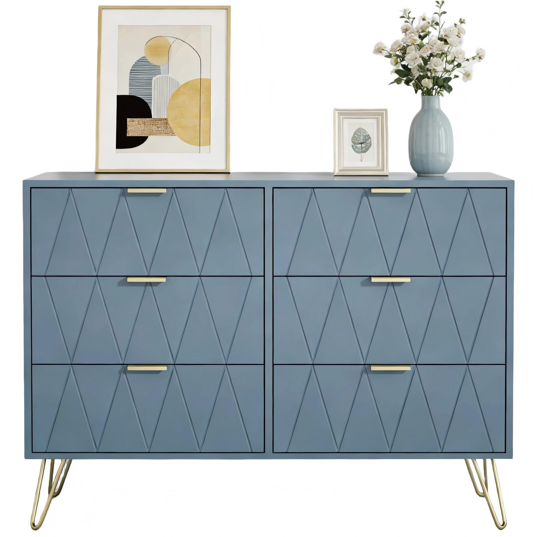 UEV Kommode mit 6 Schubladen, Sideboard für Wohnzimmer Schlafzimmer (Highboard, Sideboard mit Schubladen, Schmal kommode, 100 x 34 x 73 cm Mehrzweckschrank), Küchenschrank Buffet TV Board Schrank mit Füße Aufbewahrungsschrank
