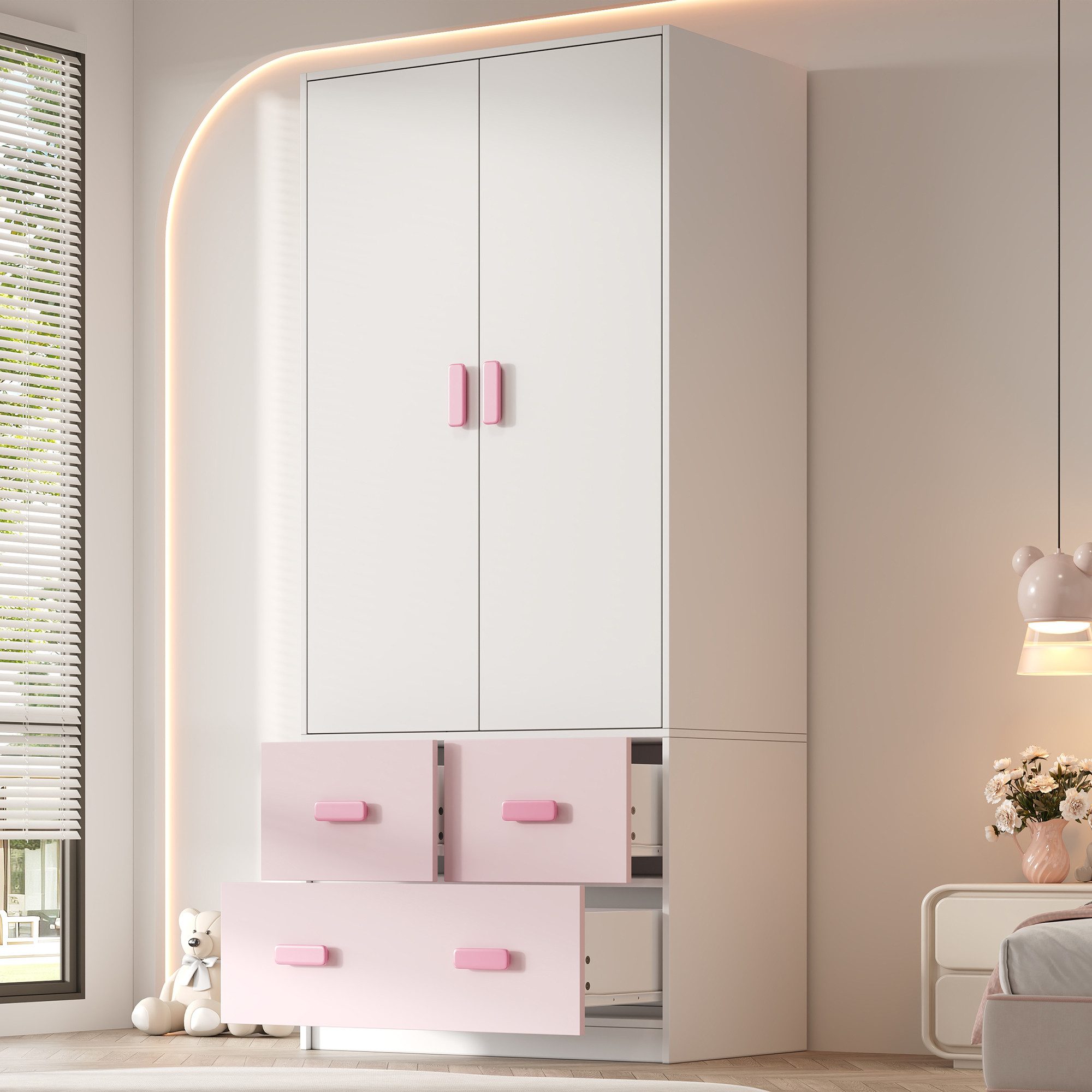 REDOM Kleiderschrank 2-türiger Kleiderschrank 80x48x180 cm, Weiß & Rosa (Packung, 1-St., Mit Kleiderstange & 3 Schubladen, Kinderzimmermöbel) Viel Stauraum für Kleidung & Accessoires