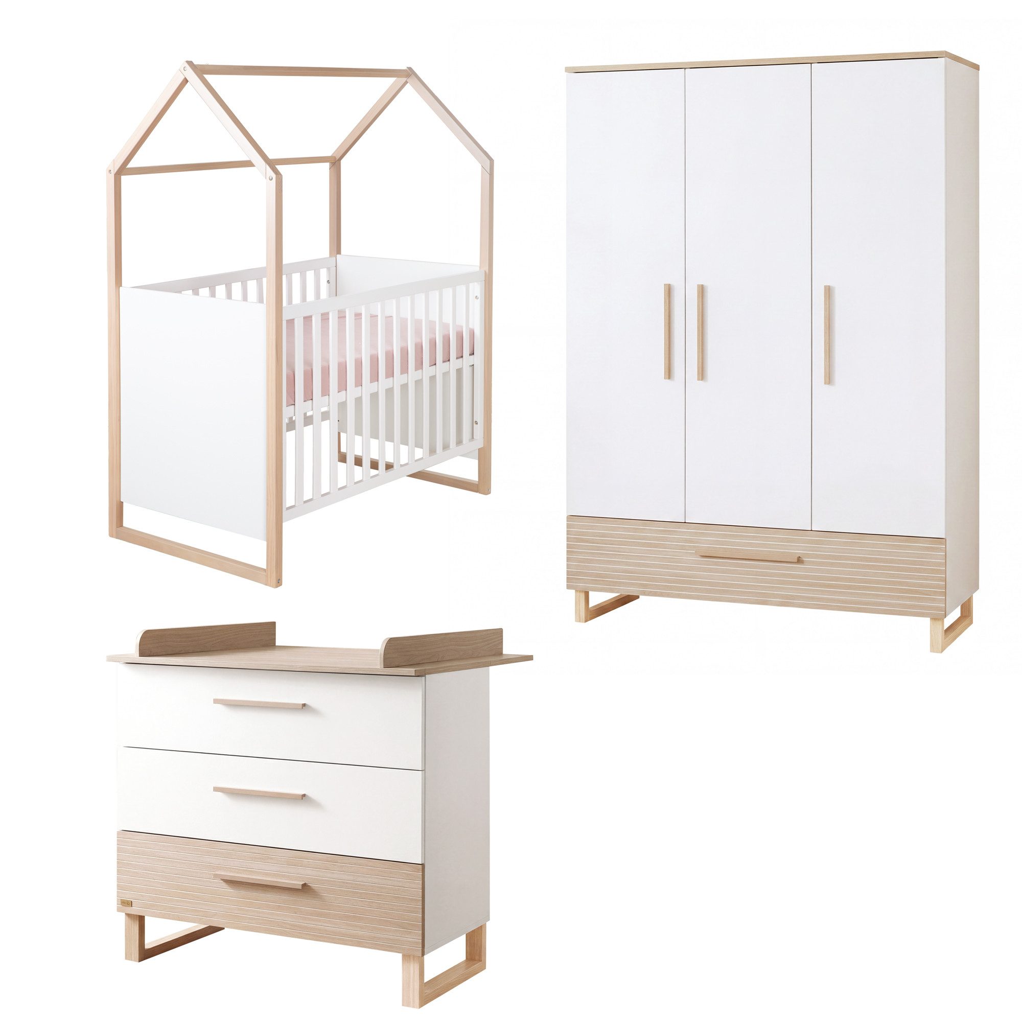 roba® Babyzimmer-Komplettset Noah - Kinderzimmer in modernem Design mit Füßen aus Massivholz, (3-teiliges Set, Babybett in Hausoptik, Wickelkommode & Kleiderschrank), Mit Fräsungen in Wallnuss - Front in sanftem Weiß - Mitwachsend