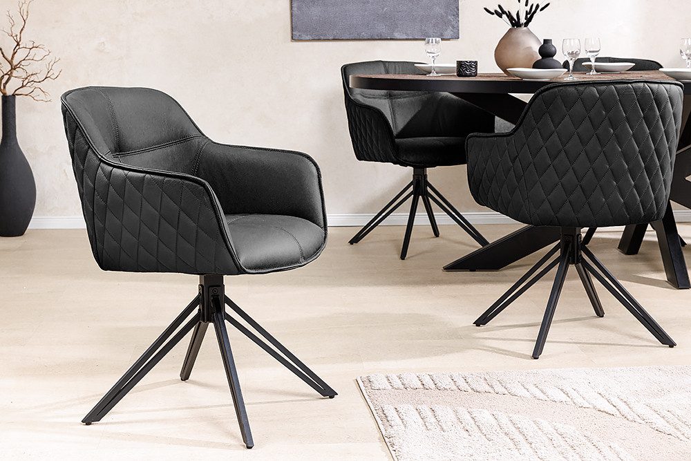 riess-ambiente Polsterstuhl EUPHORIA schwarz – Echtleder, drehbar, Metall-Füße, mit Armlehne (Einzelartikel, 1 St), mit 180° Drehfunktion und Autoreturn – ideal für elegante Esszimmer