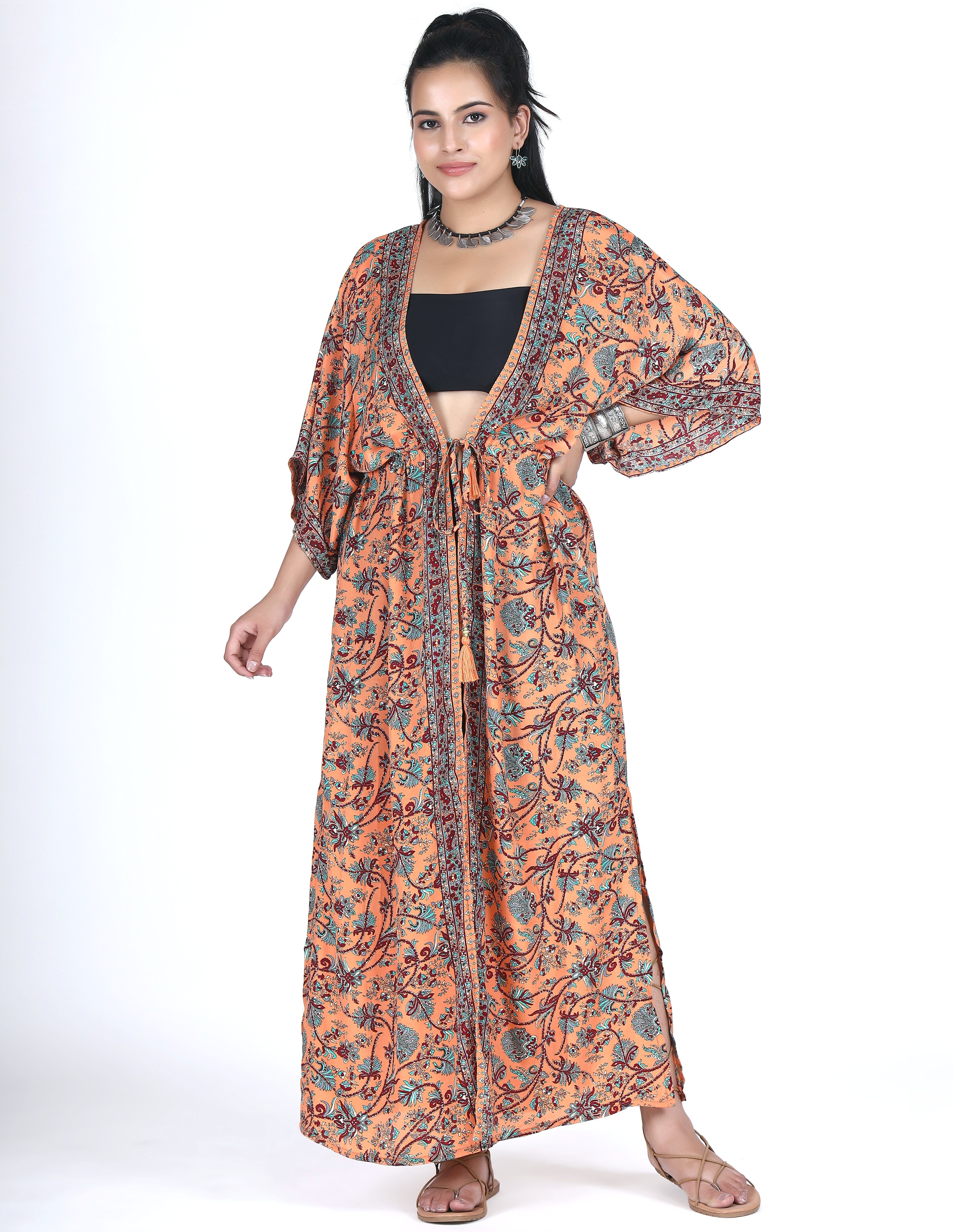alternative Kimono,.., Boho glänzender Kimonokleid, Guru-Shop Kimono Bekleidung apricot seidig