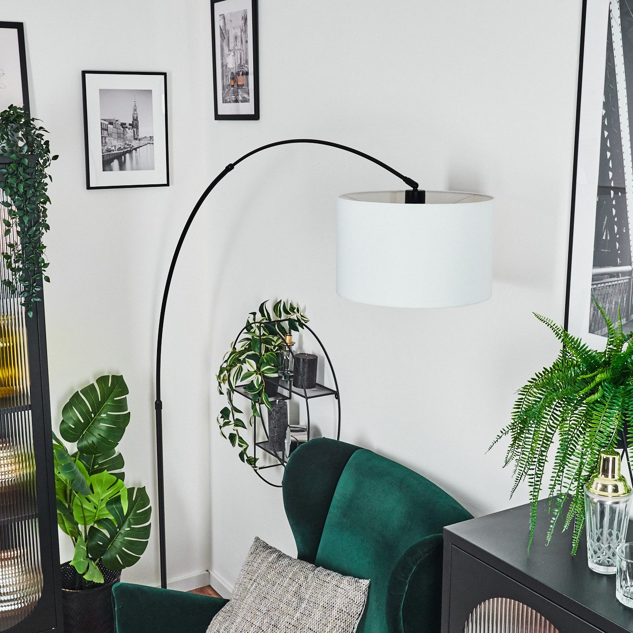 hofstein Bogenlampe Stehlampe aus Metall/Stoff in Schwarz/Weiß, Stehleuchte mit Marmorfuß, modernes Design (35 cm), Fußschalter, E27