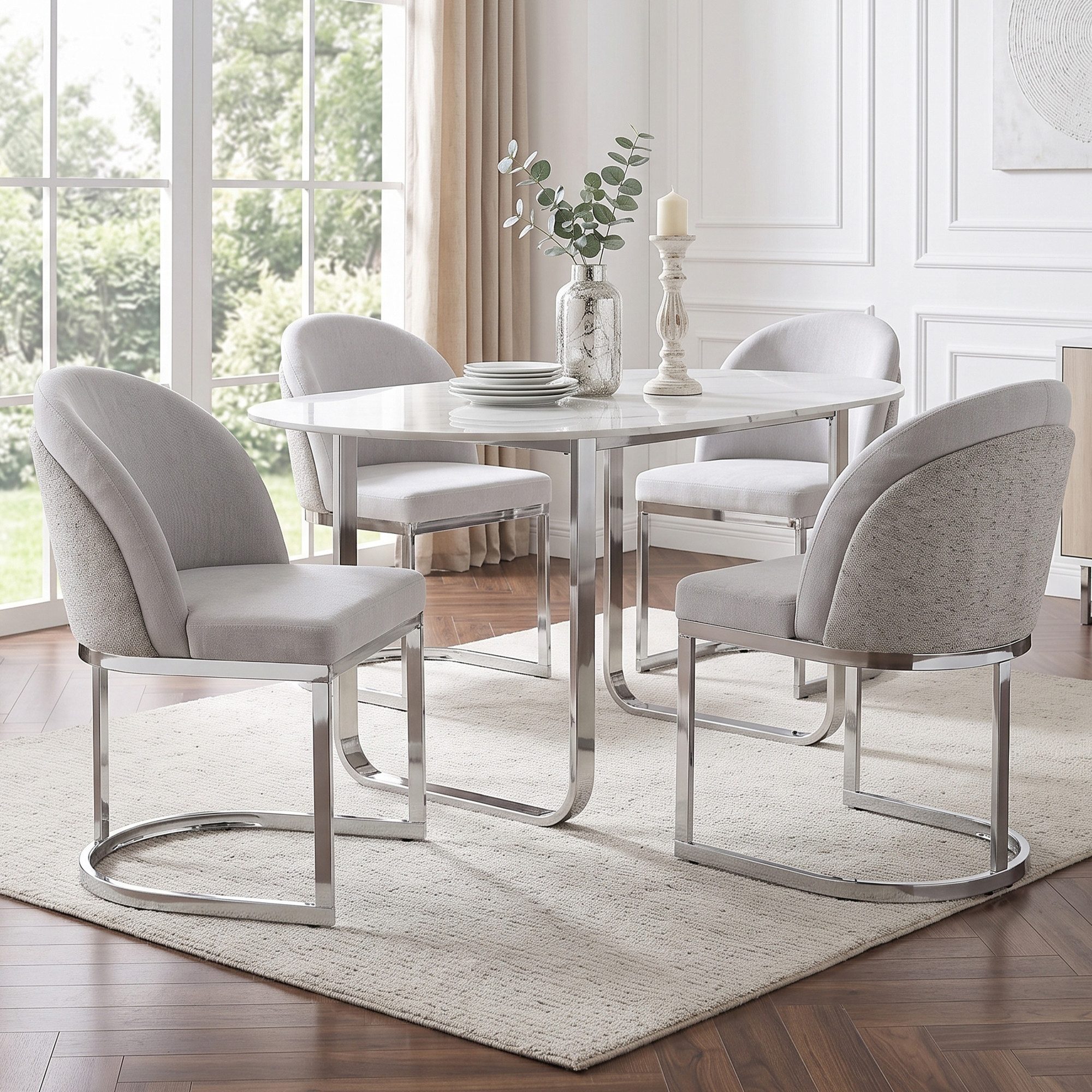 Flieks Freischwinger Bezug aus Chenille-Stoff, galvanisierte Metallbeine (mit verstellbaren Fußpolstern, Set, 4 St), 4er Set Esszimmerstühle Polsterstühle mit doppelte Rückenlehne Grau