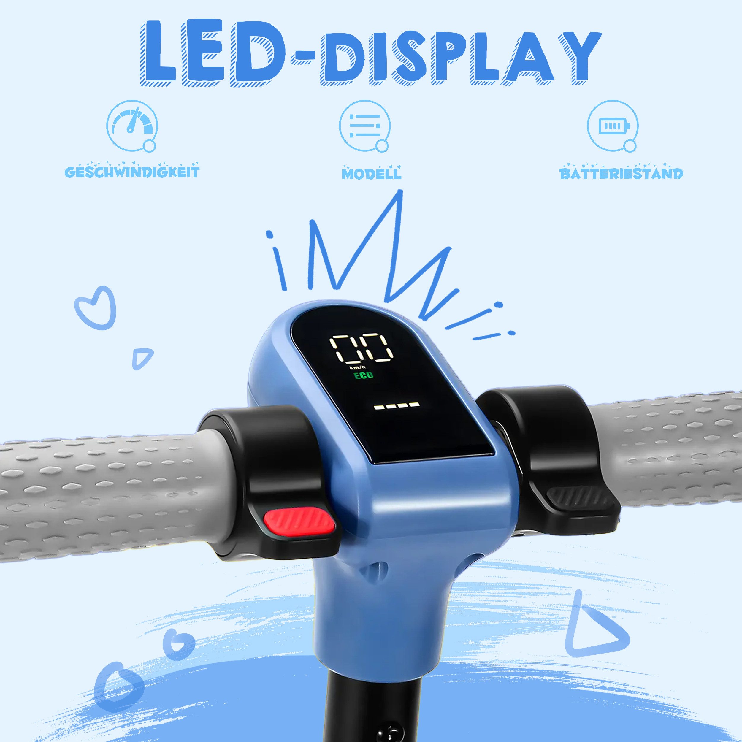 Vankel E-Scooter E-Scooter Kinder, ab 6 Jahren, Elektro Kinderroller, Bunte Leuchten, 14 km/h, (LED-Display, Frontlicht, rutschfeste Trittfläche), 6,5 Zoll E-roller, Cityroller, mit Bluetooth-Lautsprecher, E-Bremse