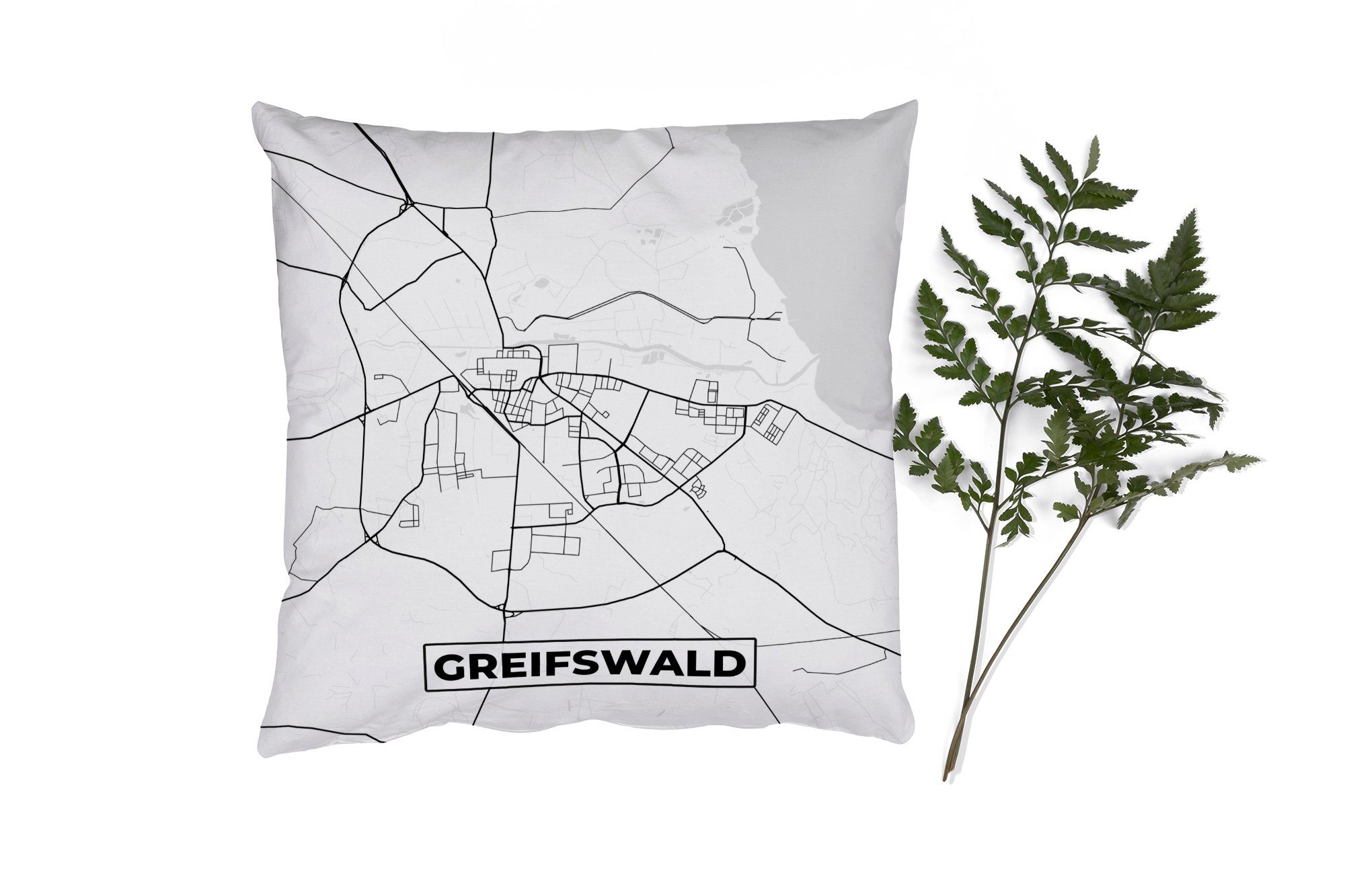 MuchoWow Dekokissen Karte - Greifswald - Stadtplan, Zierkissen mit Füllung für Wohzimmer, Schlafzimmer, Deko, Sofakissen