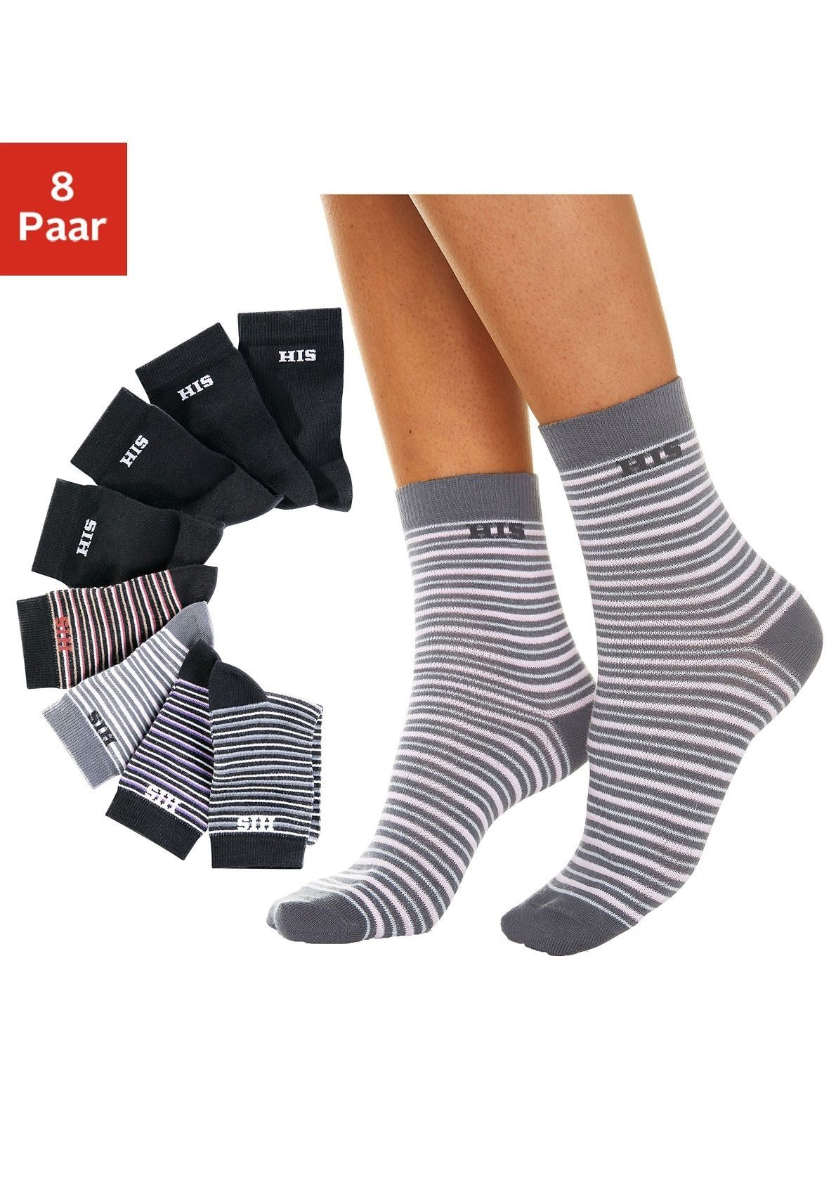 H.I.S Socken (Set, geringelt schwarz-bunt und unifarben 8-Paar)