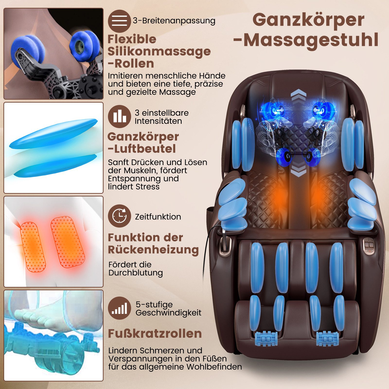 COSTWAY Massagesessel Relaxe, mit Wärme-&Liegefunktion Sprachsteuerung Zero Gravity