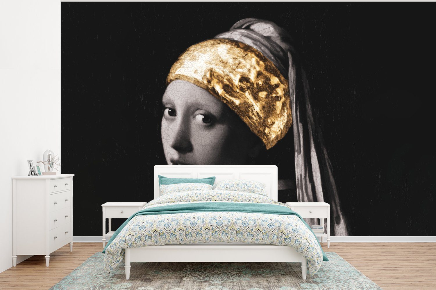 Schwarz (6 Perlenohrring für Wohnzimmer, - Mädchen MuchoWow - St), mit Fototapete bedruckt, Vinyl Tapete Matt, Wallpaper Gold, - Schlafzimmer, Vermeer - Weiß Kinderzimmer,