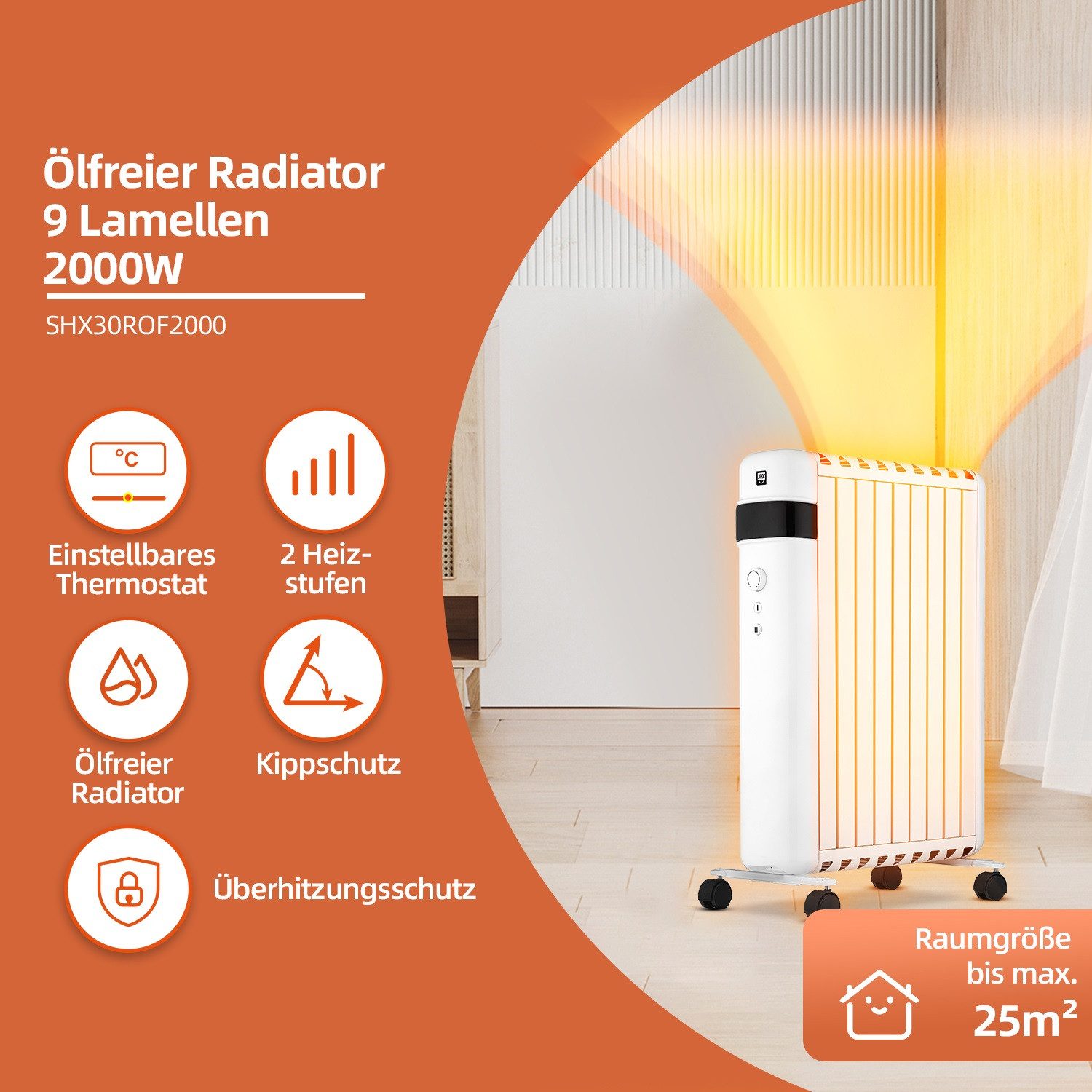 SHX Elektro-Heizkörper, Ölfreier Radiator mit 9 Rippen, Raumthermostat, 2 Aluminium Heizel., 2 Heizstufen, Energiesparmodus, Auto-Stop, Kipp- & Überhitzungsschutz