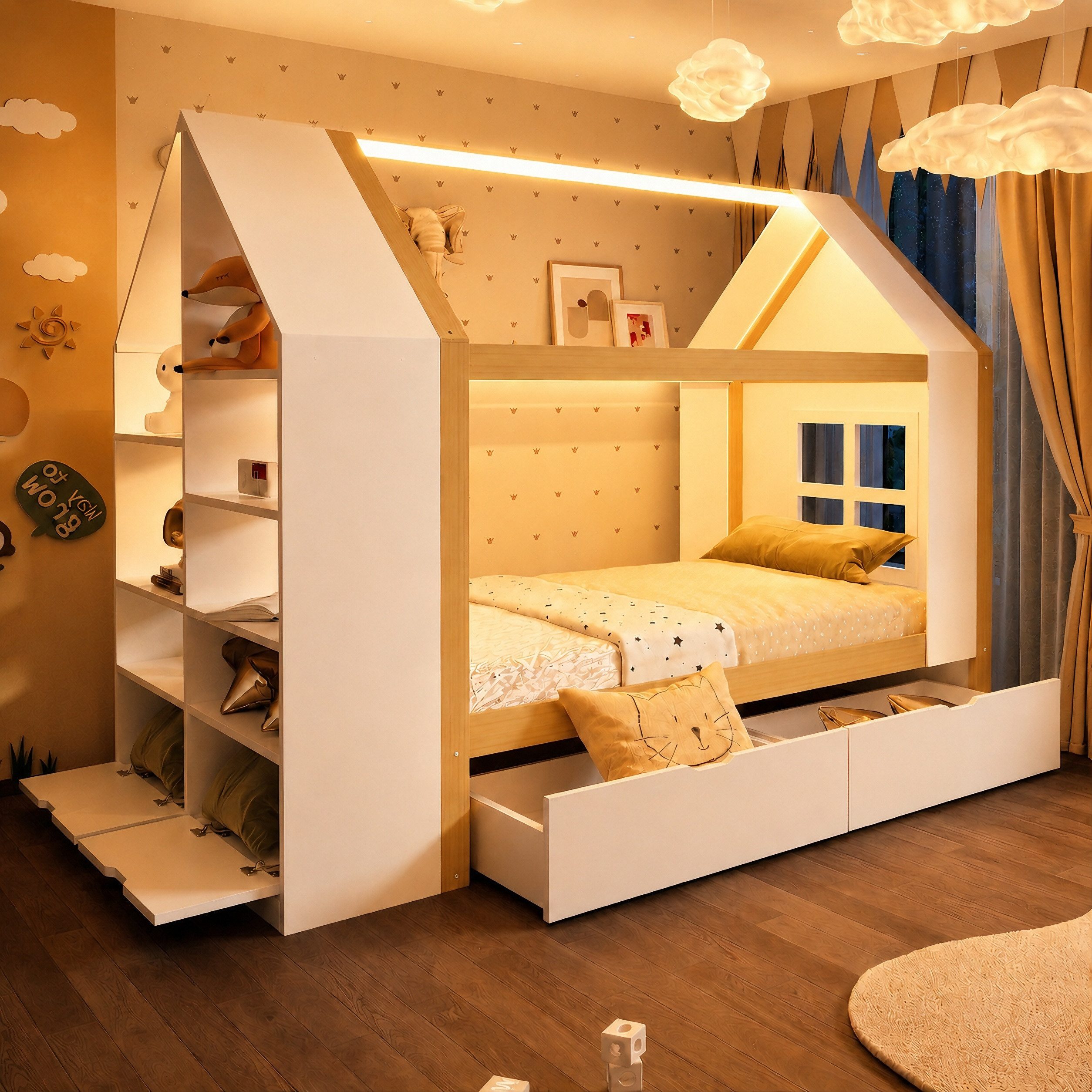Flieks Kinderbett, Hausbett 90x200cm mit zwei Schubladen, LED-Beleuchtung, Ablageregal