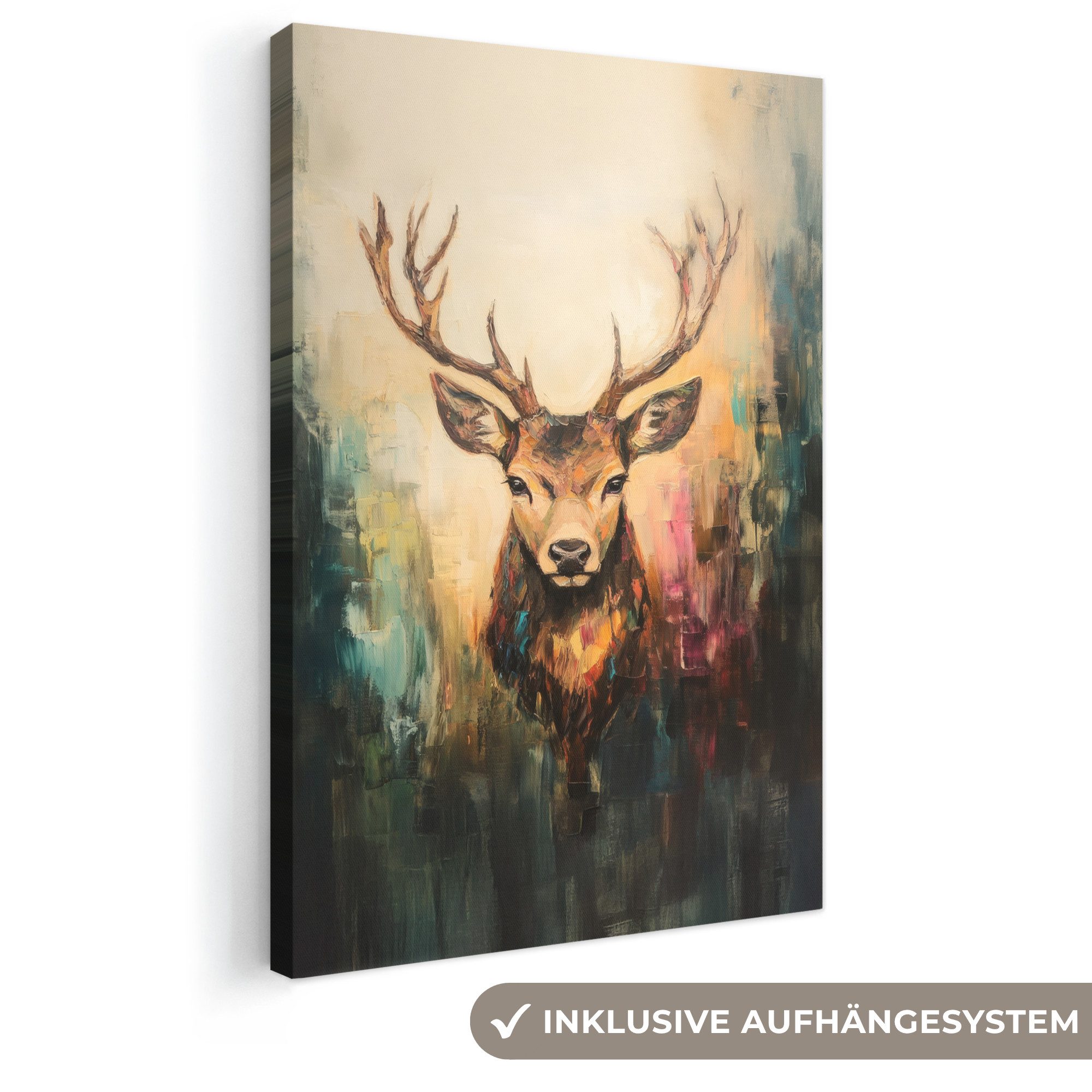 OneMillionCanvasses® Leinwandbild Hirsch - Gemalt - Geweih - Braun, Fotodruck (1 St), Leinwand Canvas Wandbild, Wanddekoration 20x30 cm