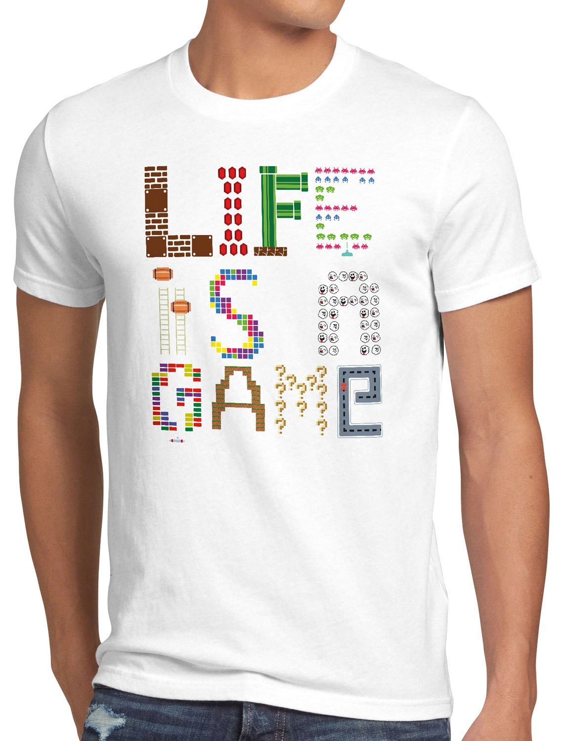 style3 Print-Shirt Herren T-Shirt Life is a Game Gamer Pixel Konsole Boy mario Spiel Jungen zelda weiß