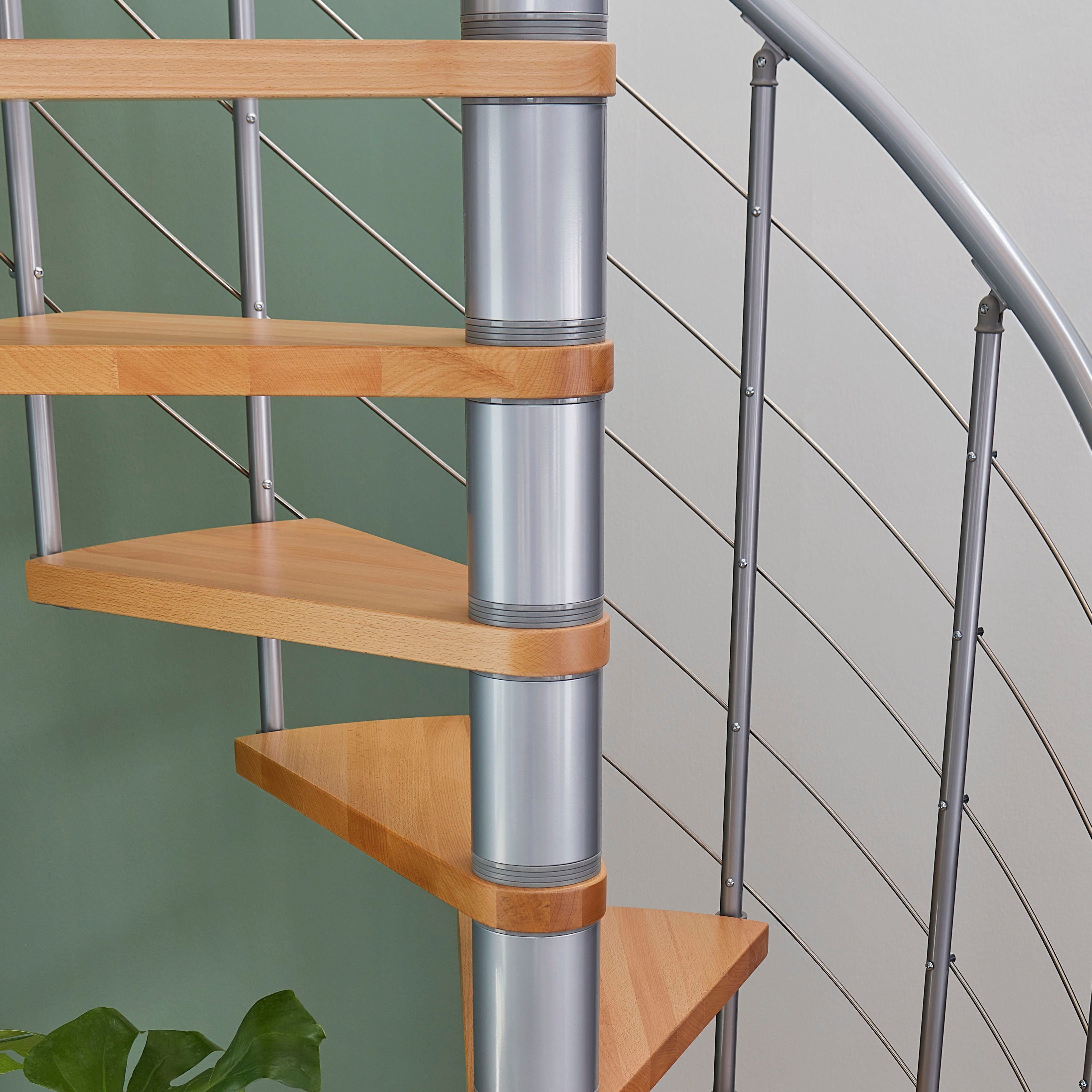 Dolle Spindeltreppe Oslo, für Ø cm, pulverbeschichtet bis grau offen, Metall Stufen lackiert, Geschosshöhen cm, 160 Stufen Leimholz, aus 299