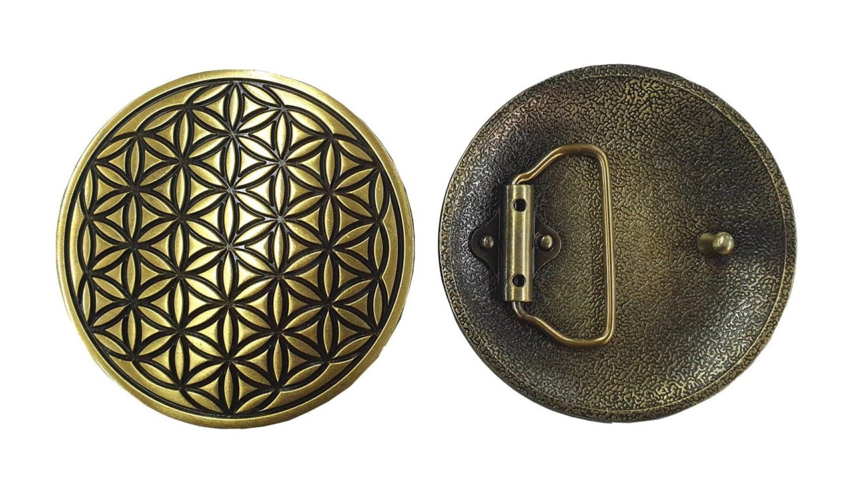 Saraswati Gürtelschnalle "Blume des Lebens" Zink-Legierung messingfarben, 8cm Gurtstecker