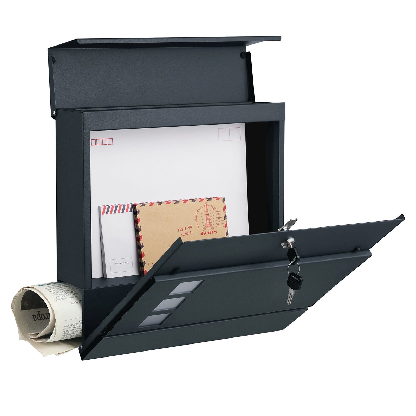 SONGMICS Briefkasten Postkasten mit Zeitungsfach, 10,5 x 37 x 37 cm, 2 Schlüssel, anthrazit, Aufkleber gegen unerwünschte Werbung, abschließbar, einfache Montag – Bild 4 von 5