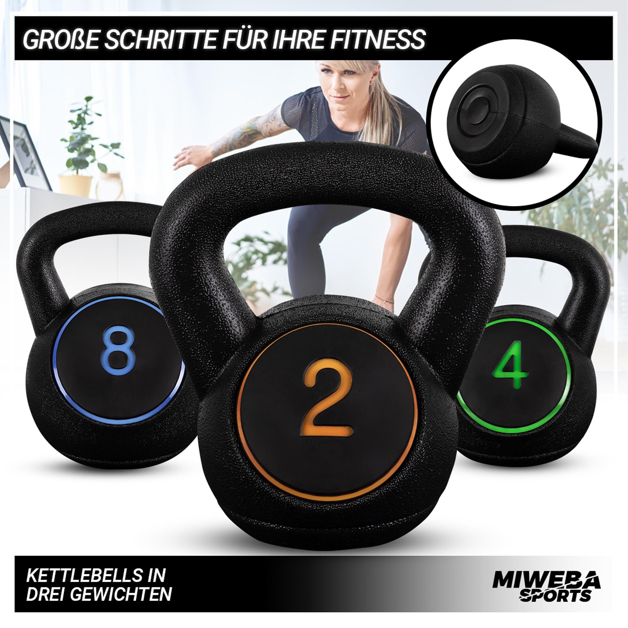 Miweba Sports Kettlebell Premium Kettlebell Set inkl. Ablage, 2/4/8 Kg, (Schwunghantel - Hantelset Indoor & Outdoor - Krafttraining Workout Kugelgewicht Übungsseil, Total 14Kg, 2/4/8Kg), Fitness Seil Kurzhantel Hanteln Gewichte Kugelhantel Beton