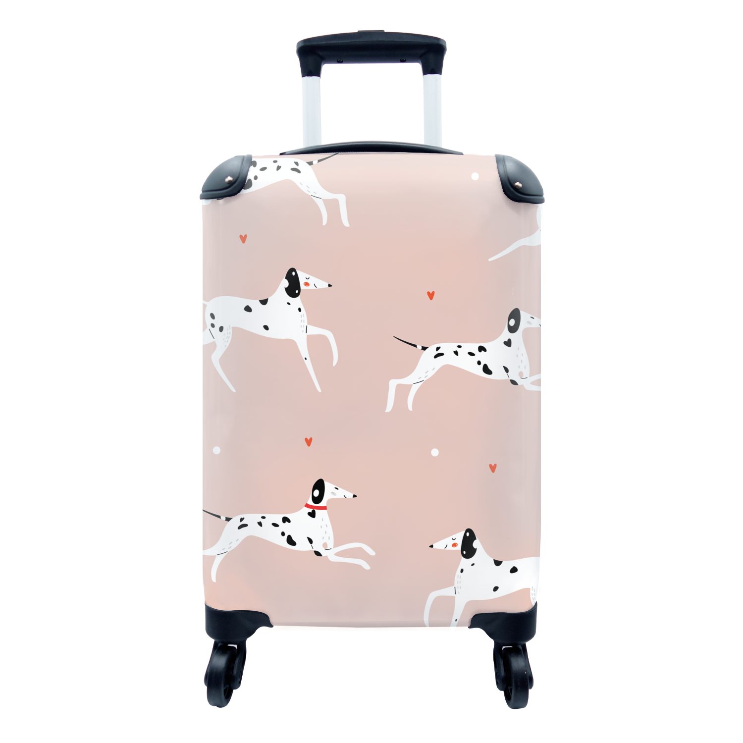 MuchoWow Handgepäckkoffer Doggy Illustration mit laufenden Dalmatiner auf einem rosa Hintergrund, 4 Rollen, Reisetasche mit rollen, Handgepäck für Ferien, Trolley, Reisekoffer