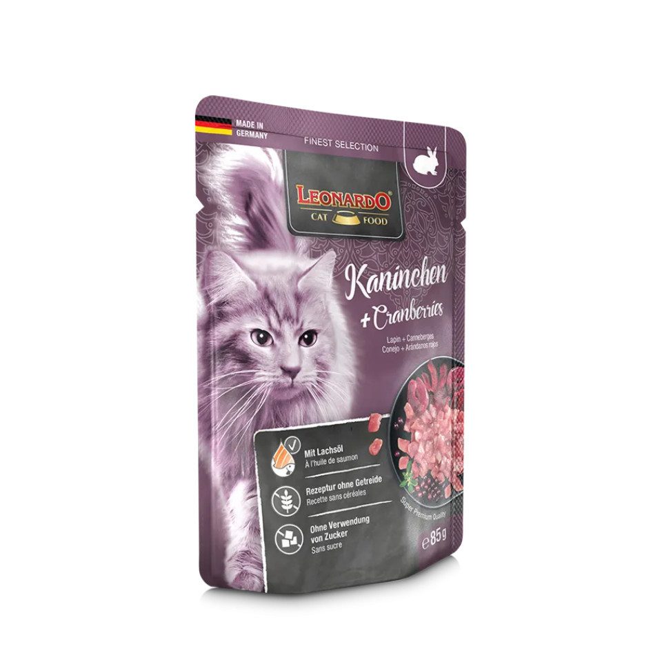 Leonardo Catfood Kaninchen & Cranberries - getreidefreies Nassfutter mit Lachsöl 16x85g, Nassfutter für: Katzen