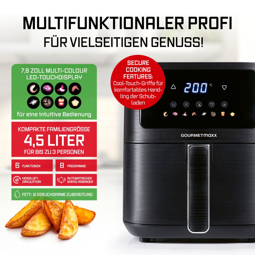 GOURMETmaxx Heißluftfritteuse Digital 4,5l 1500W schwarz mit Farbdisplay vorne, 1500 W, Heißluftzirkulation LED-Touch Pommes Steak wenig Fett 8 Programme