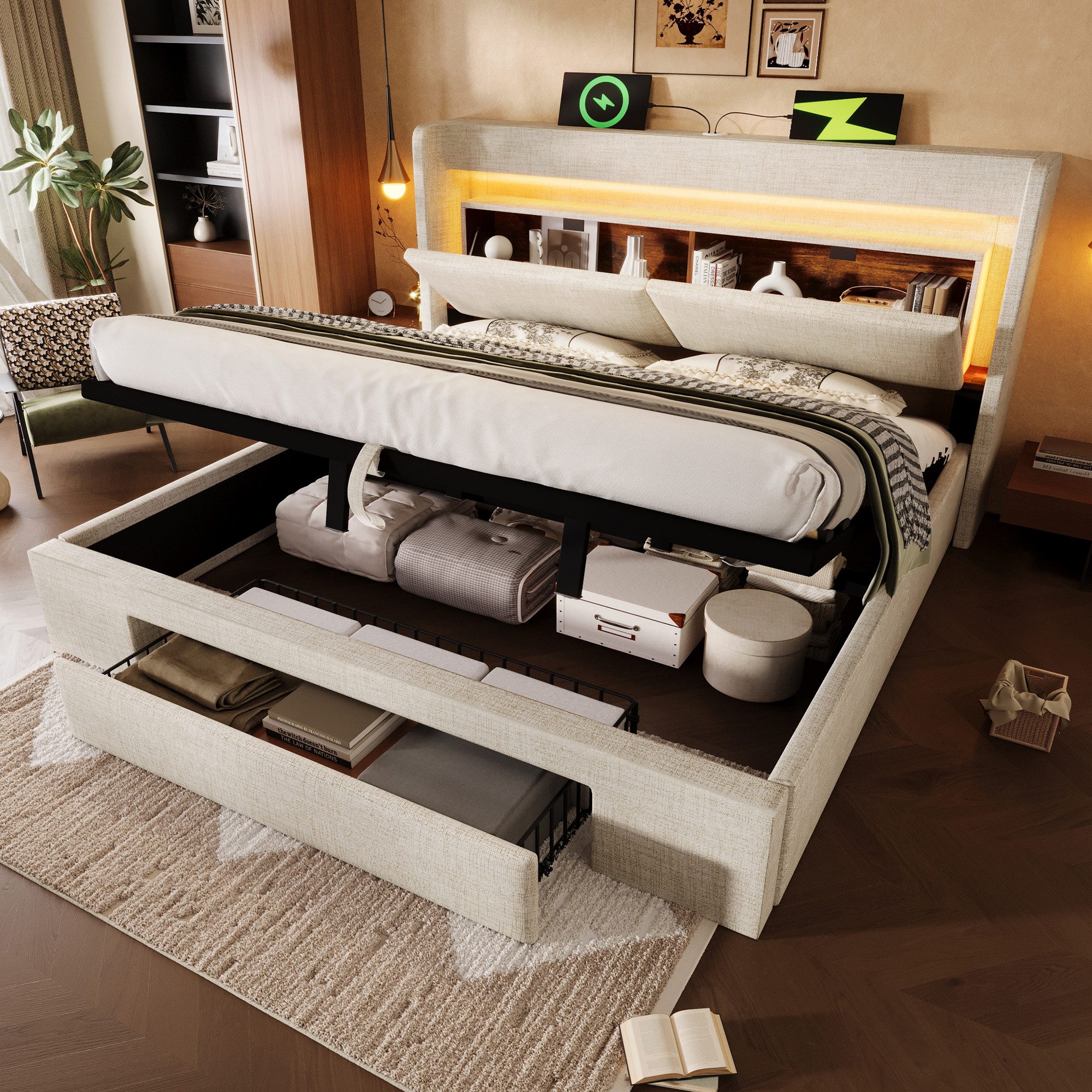 STILVORA Polsterbett 180x200 mit Stauraum Funtionbett Bettgestell mit LED und Anschluss (Funktionsbett, 1-tlg., Kopfteil mit Aufbewahrungsfach, Holzlatten-Bettgestell), LED-Beleuchtung sowie USB & USB-C Anschluss( ohne Matratze )