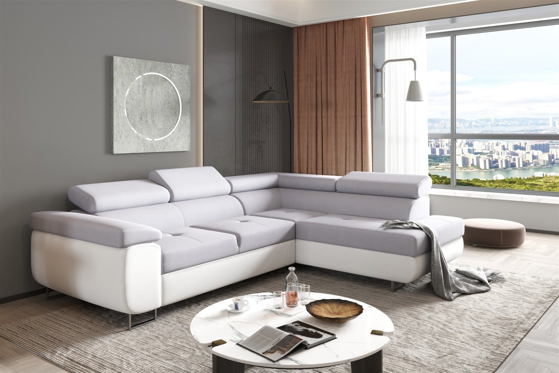 Fun Möbel Ecksofa Couchgarnitur JADE Weiß-Hellgrau günstig online kaufen