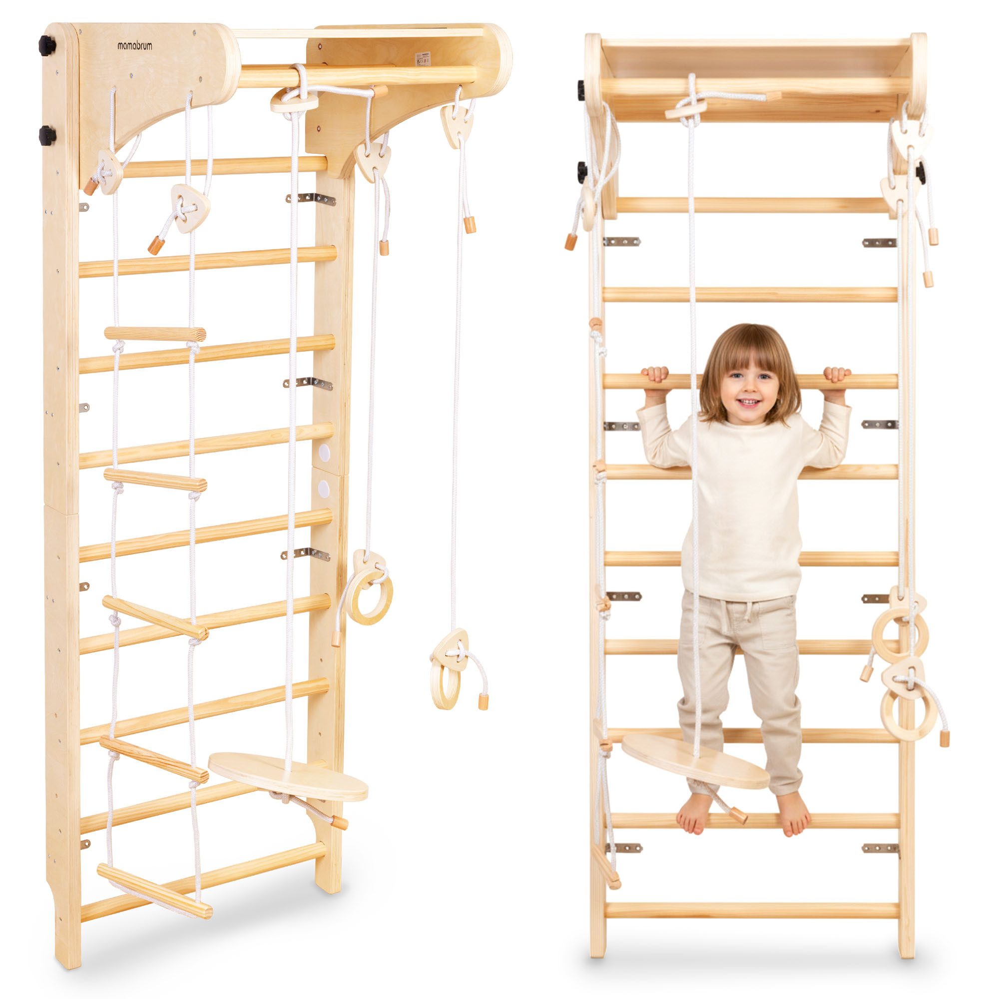 Mamabrum Kletterwand Holz-Kletterwand für Kinder mit Zubehör – Schaukel, Ringe & Seilleiter