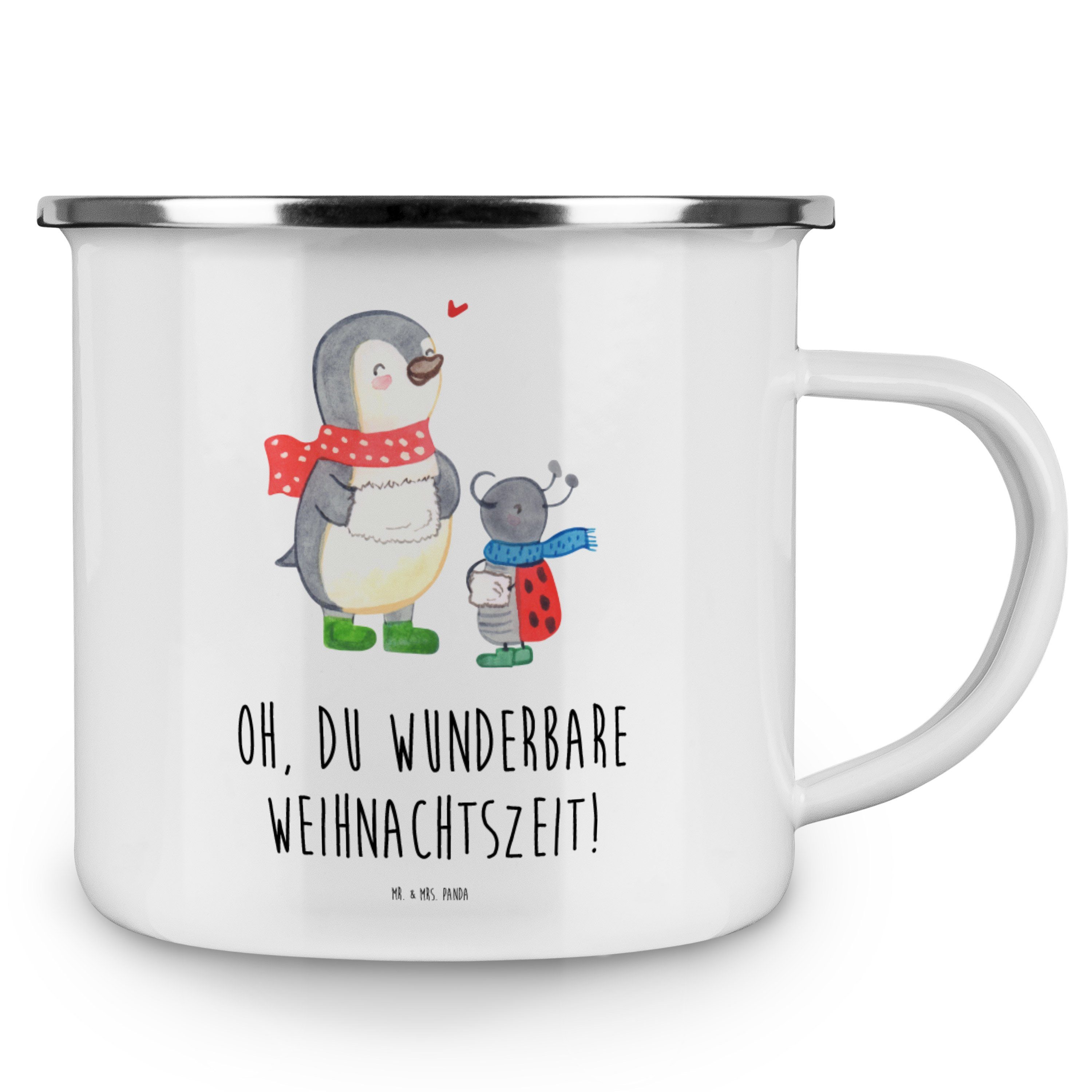 & Wintermot, Emaille Geschenk, Campingbecher, Smörle - Mrs. Weiß Winterzeit - Panda Mr. Emaille Becher
