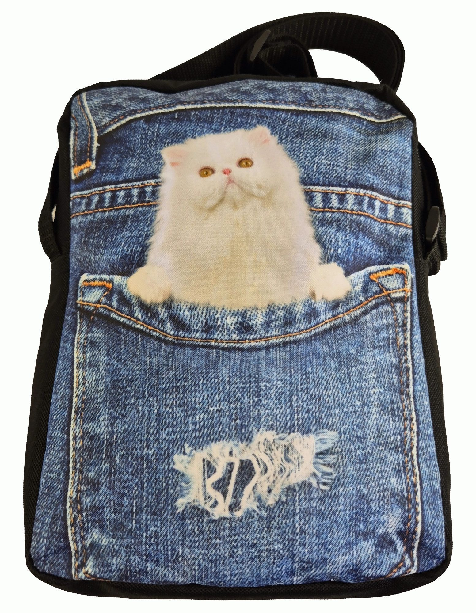 Schultertasche Crossbody Handtasche Jeans Weiße Katze 3D Druck -