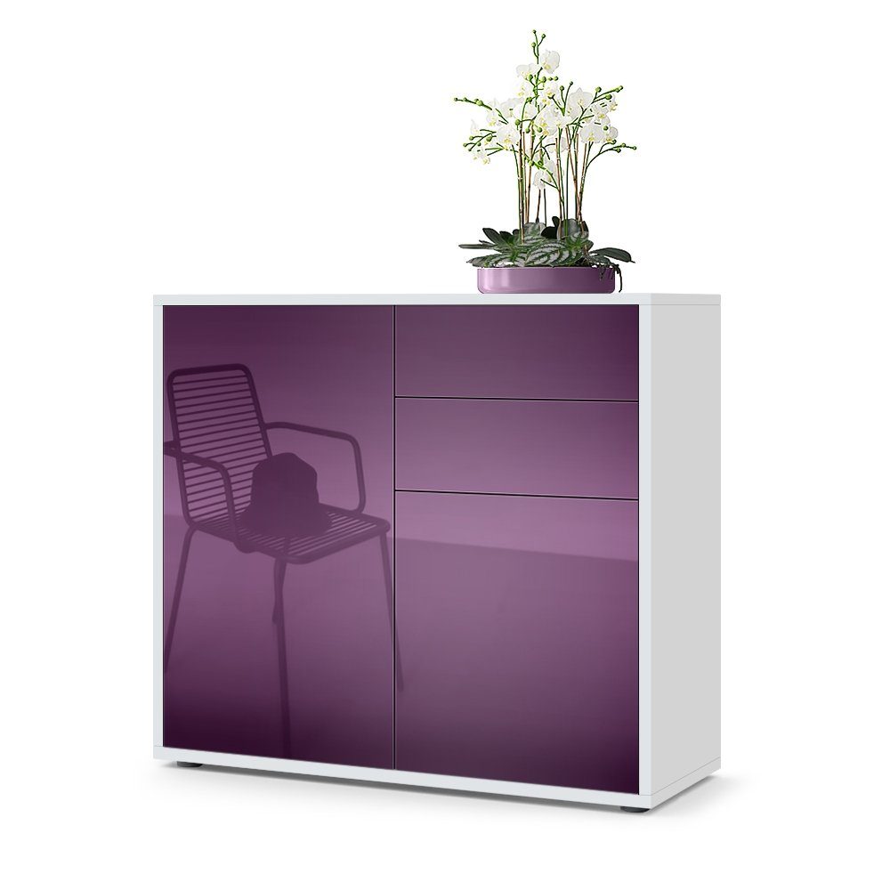 Vladon Kommode Ben V1 (Kommode, mit 2 Türen und 2 Schubladen), Weiß matt/Brombeer Hochglanz(79 x 74 x 36 cm)