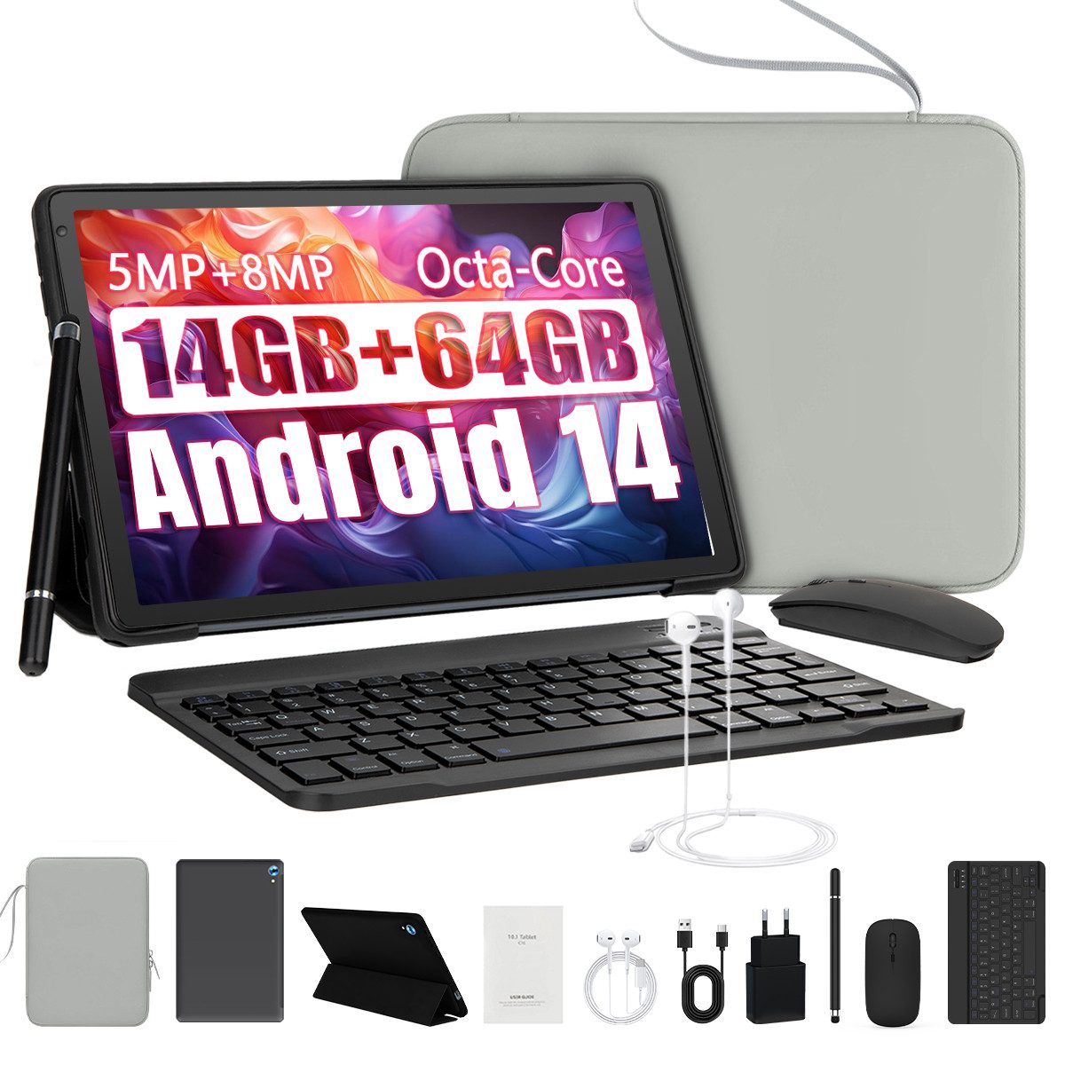 10.1'' Tablet mit Tastatur, Schutzhülle, Maus, Stylus, BT 5.0 WiFi 6 Tablet