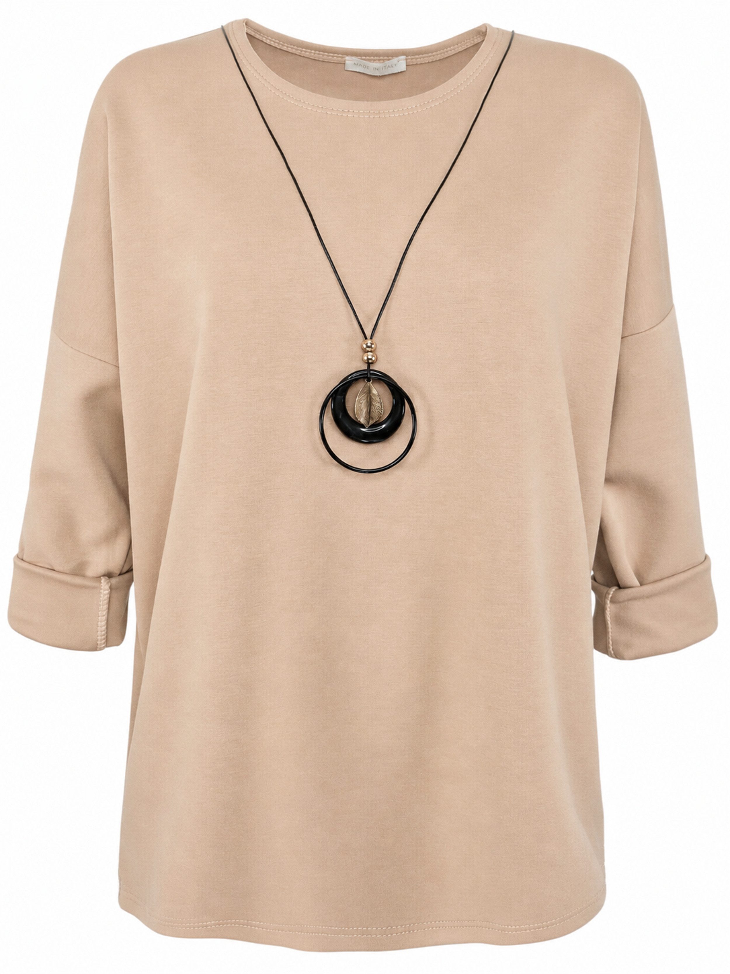 dy_mode Longshirt Damen Longshirt Oversize Weites Tunika Shirt Oberteil Übergangszeit in Unifarbe, mit passende Kette