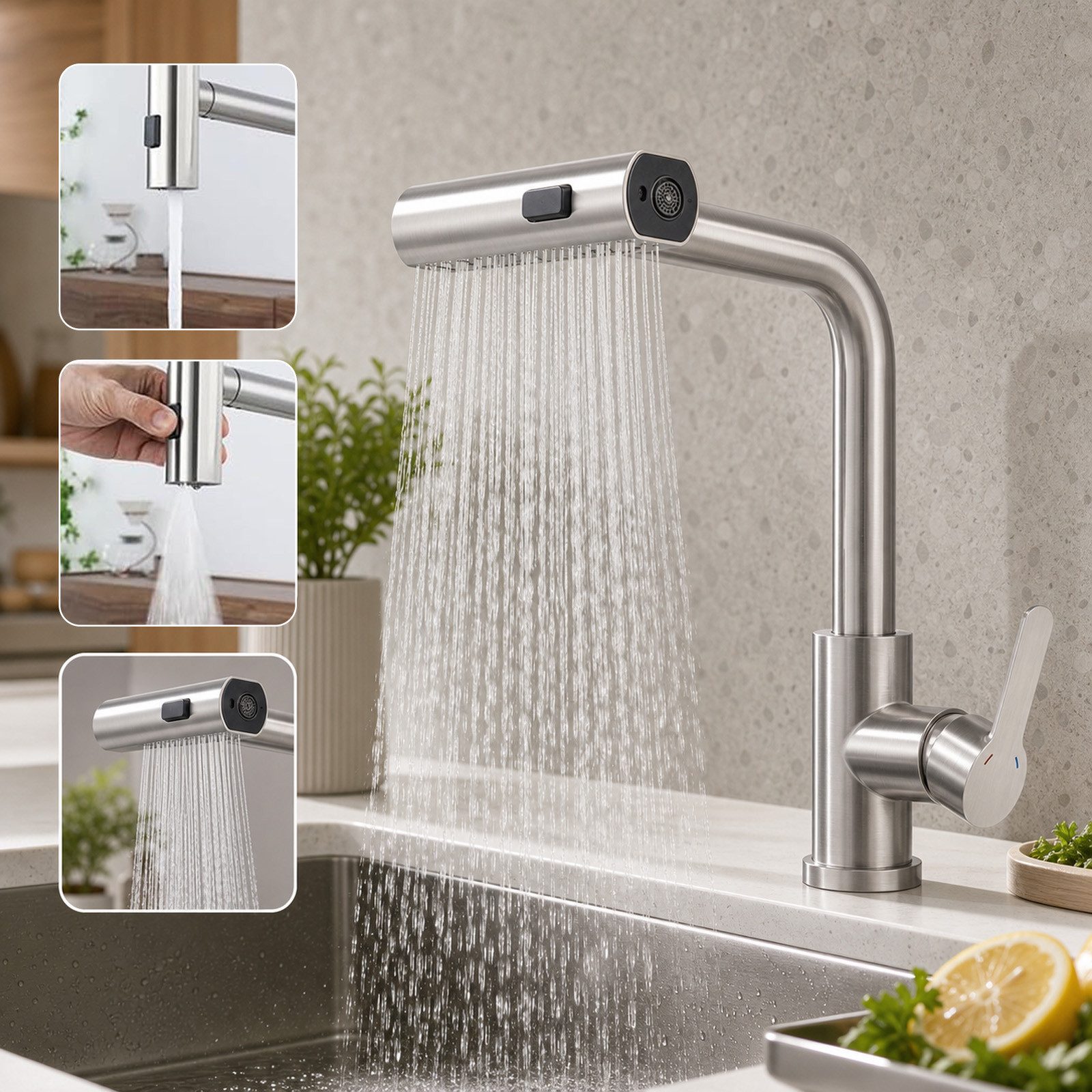 Ledklang Küchenarmatur Schwarz/Silber Edelstahl Optik ausziehbarer Brause Spültischarmatur (1-St) Einhebelmischer für Küchenspüle Armatur 360° Drehbar 3 Strahlarten