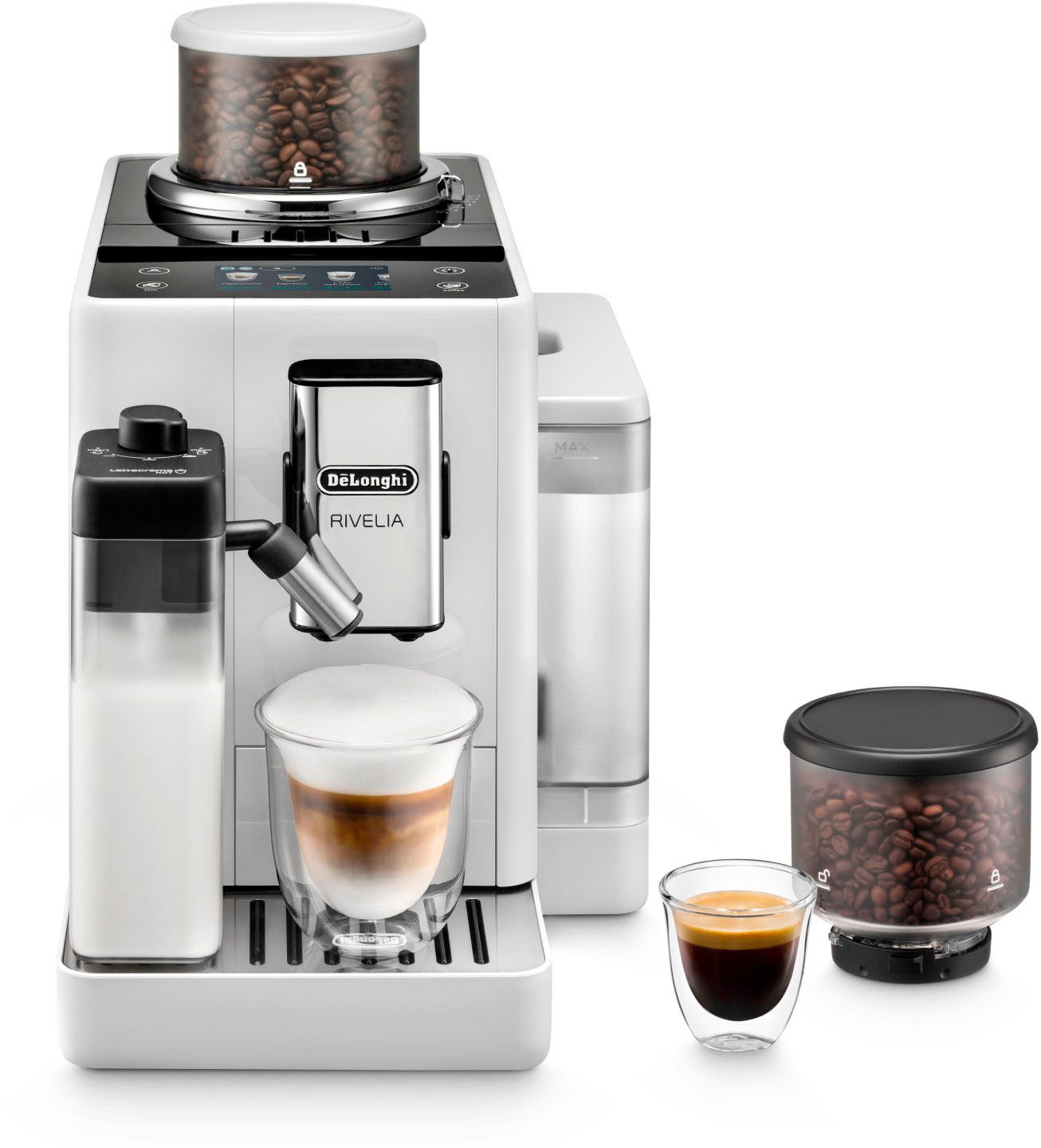 Kaffeevollautomat Rivelia EXAM440.55.W – 16 Kaffee-Rezepte, 2 Barista-Bohnenbehälter, weiß