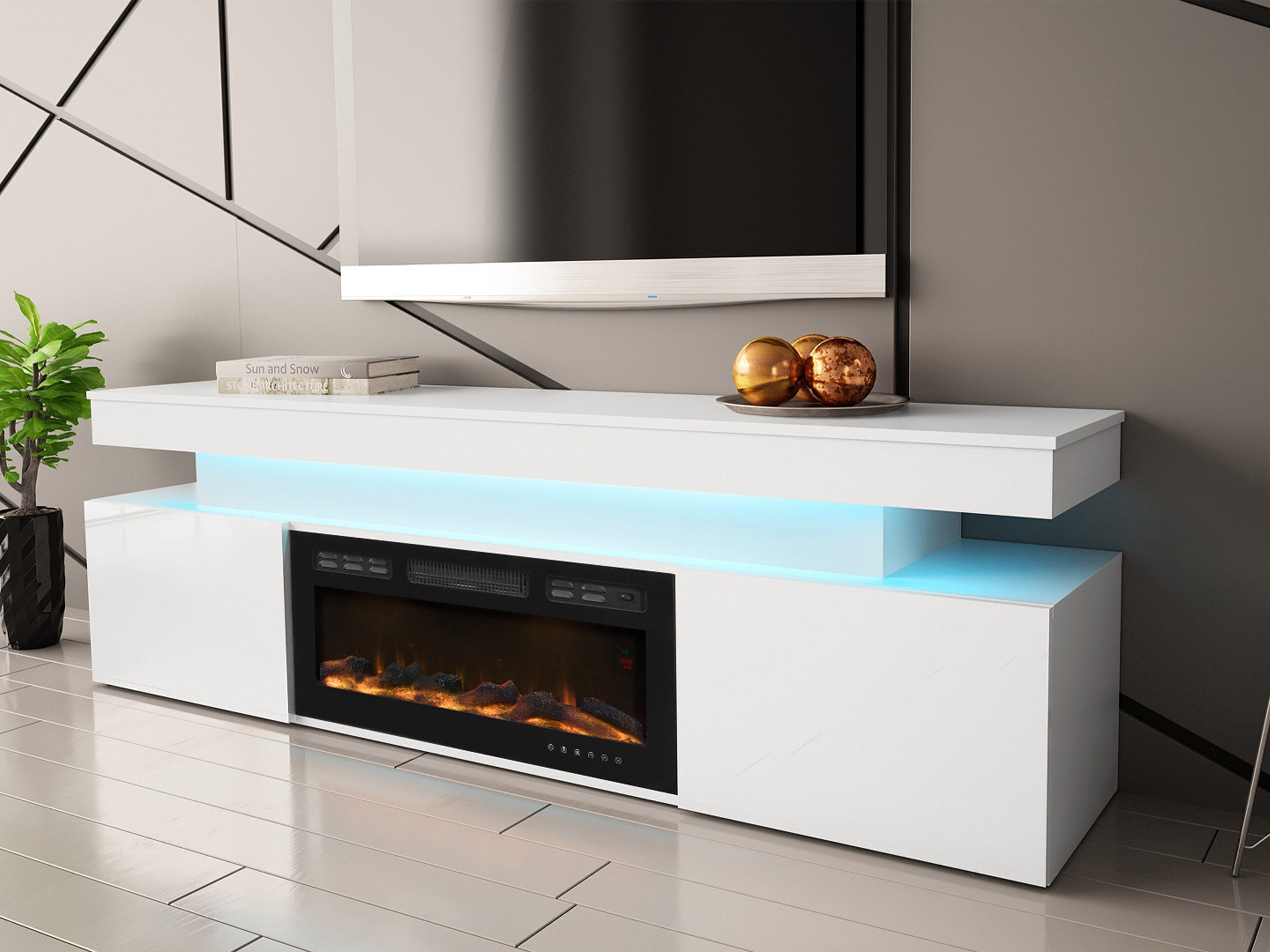 MIRJAN24 TV-Schrank EF 2D Glossa mit Kamin (mit zwei Drehtüren) mit blauer LED-Beleuchtung, Realistische LED-Flamme